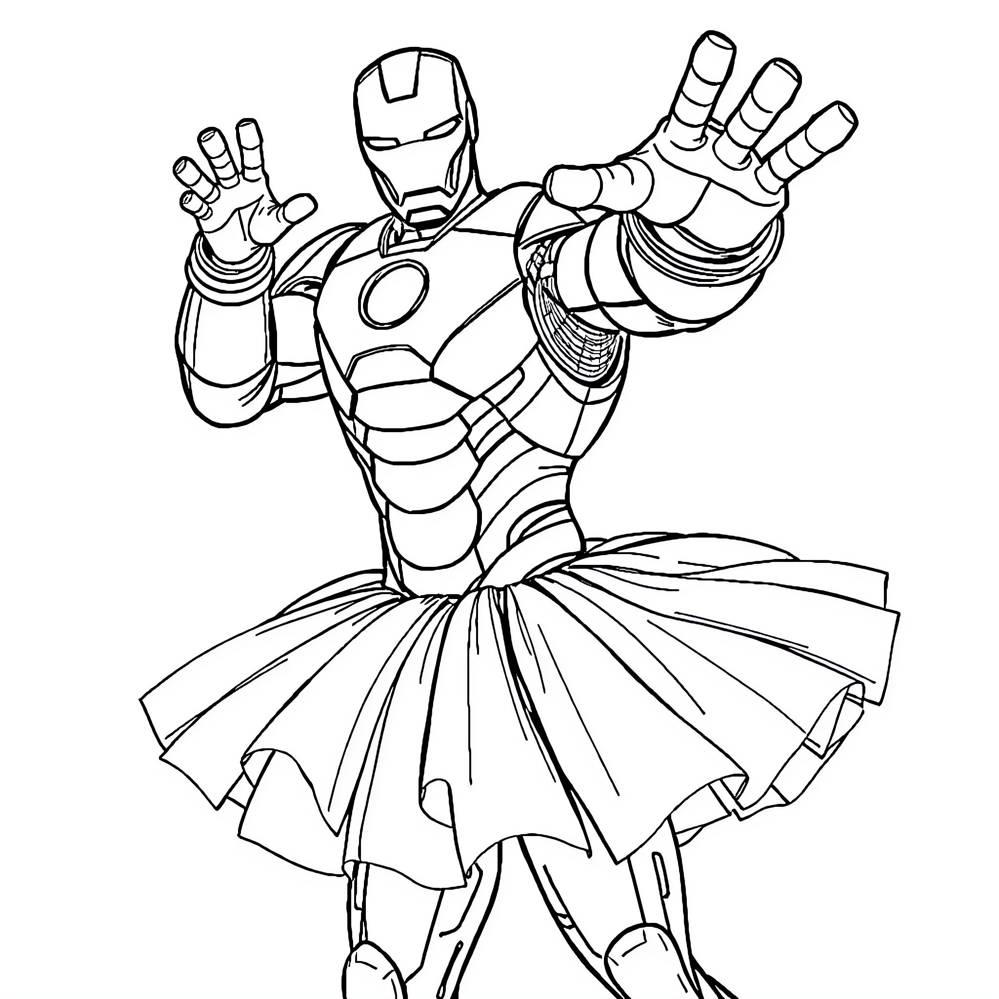 Iron Man Performing Heroic Pose Coloring Page (free black-and-white line drawing printable PDF for all, from beginners to advanced learners, including children, teens, adults, and seniors)