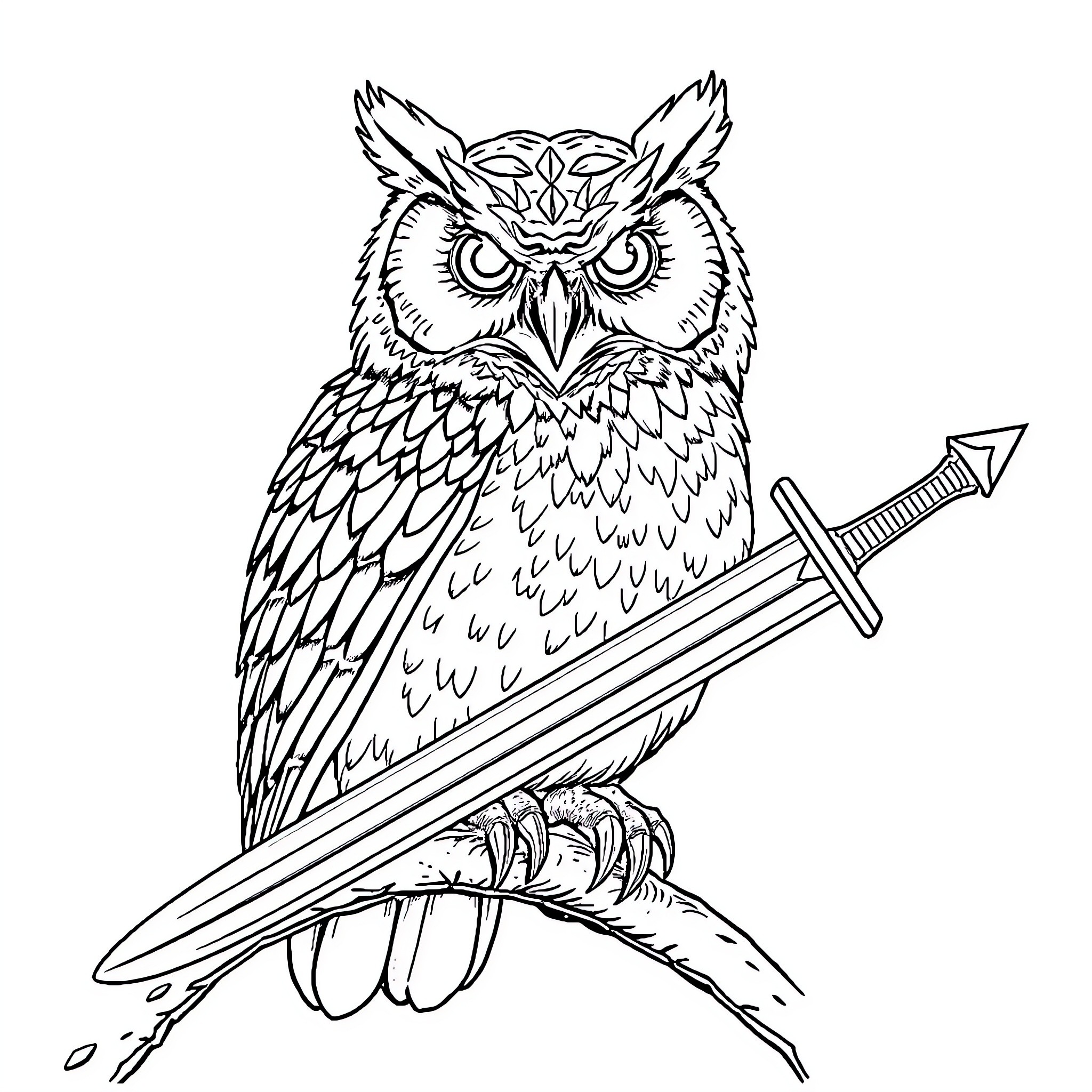 Owl wielding a sword on a branch Coloring Page (free black-and-white line drawing printable PDF for all, from beginners to advanced learners, including children, teens, adults, and seniors)