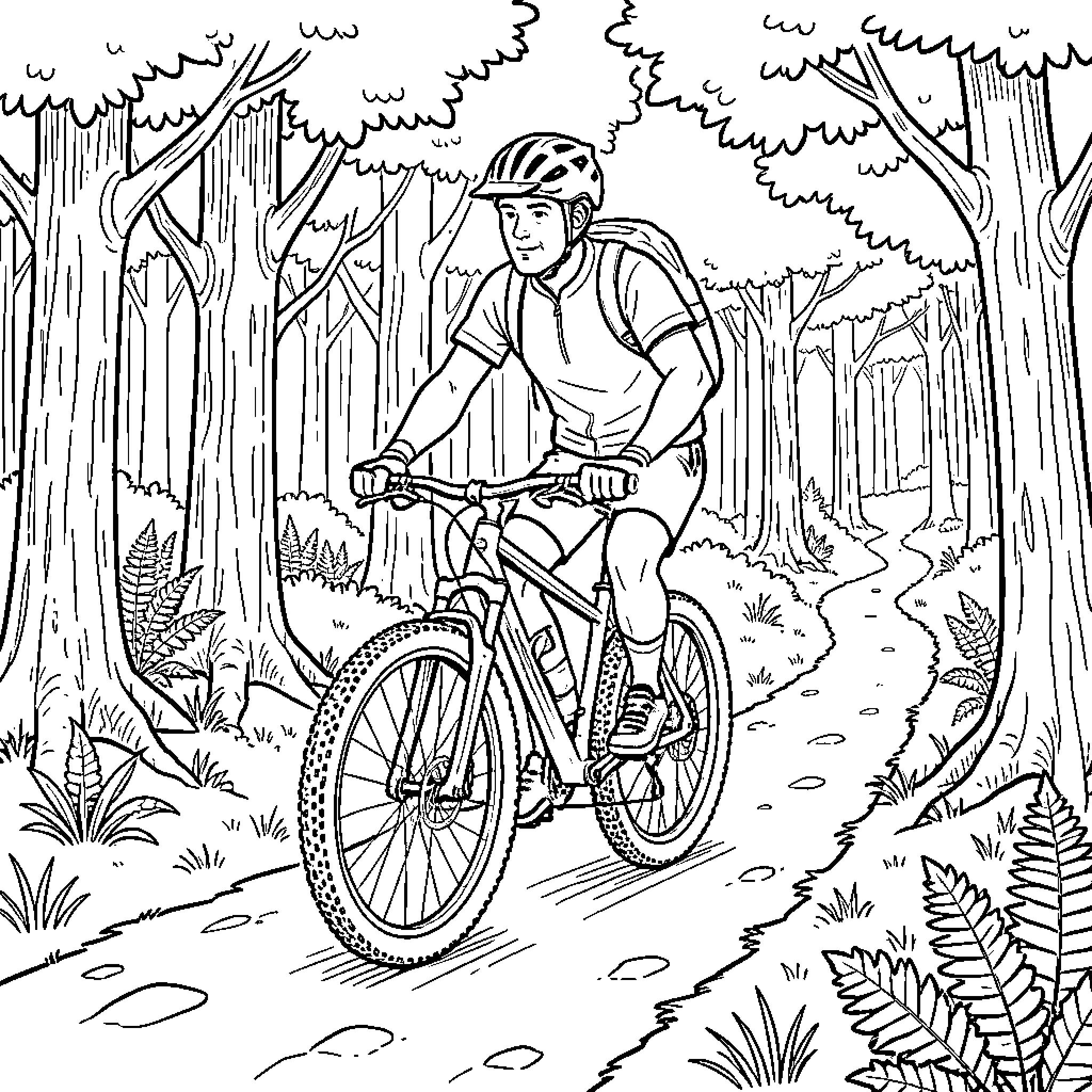 VTT cyclist riding a mountain bike through a forest Coloring Page (free black-and-white line drawing printable PDF for all, from beginners to advanced learners, including children, teens, adults, and seniors)