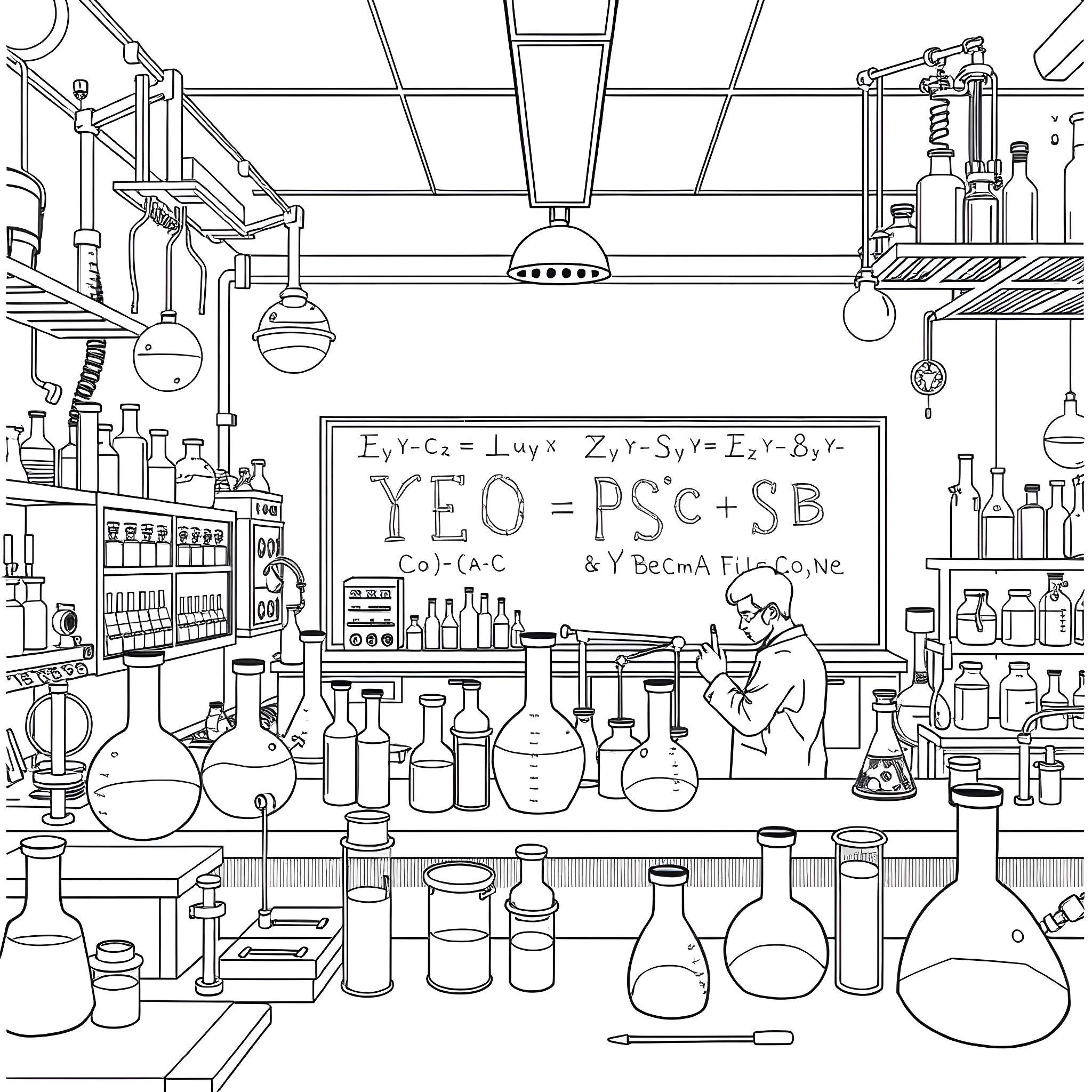Chemistry Laboratory Scene with Equations Coloring Page (free black-and-white line drawing printable PDF for all, from beginners to advanced learners, including children, teens, adults, and seniors)