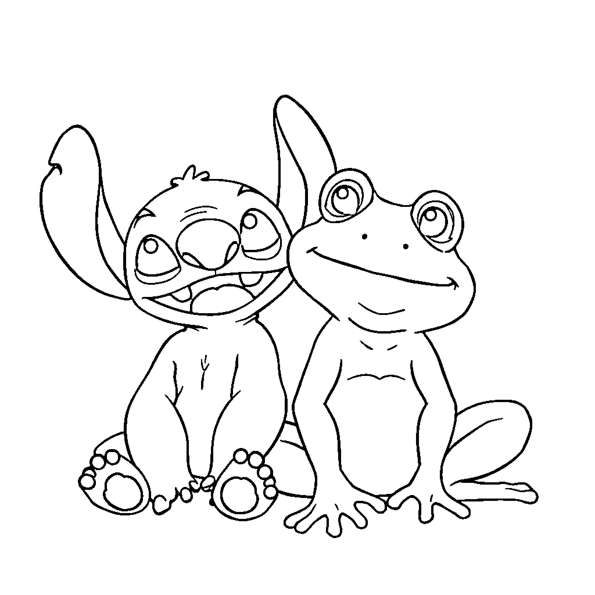 Stitch and Frog Sharing a Friendly Moment Coloring Page (free black-and-white line drawing printable PDF for all, from beginners to advanced learners, including children, teens, adults, and seniors)