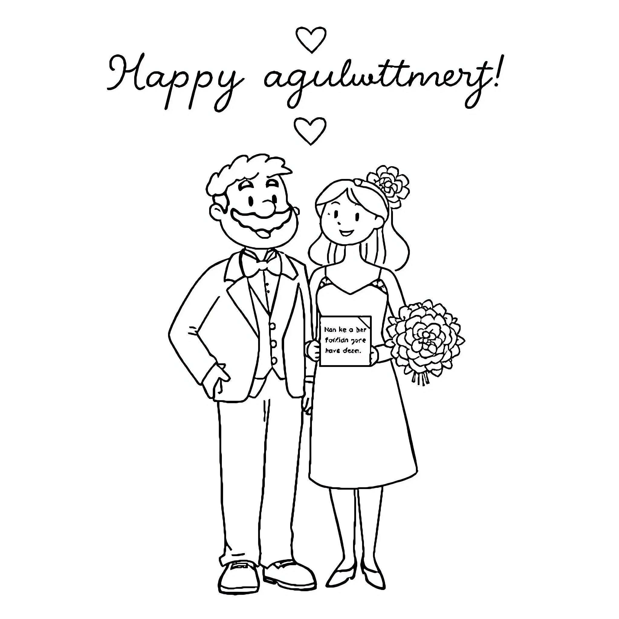 Wedding Card with Bride and Groom Coloring Page (free black-and-white line drawing printable PDF for all, from beginners to advanced learners, including children, teens, adults, and seniors)