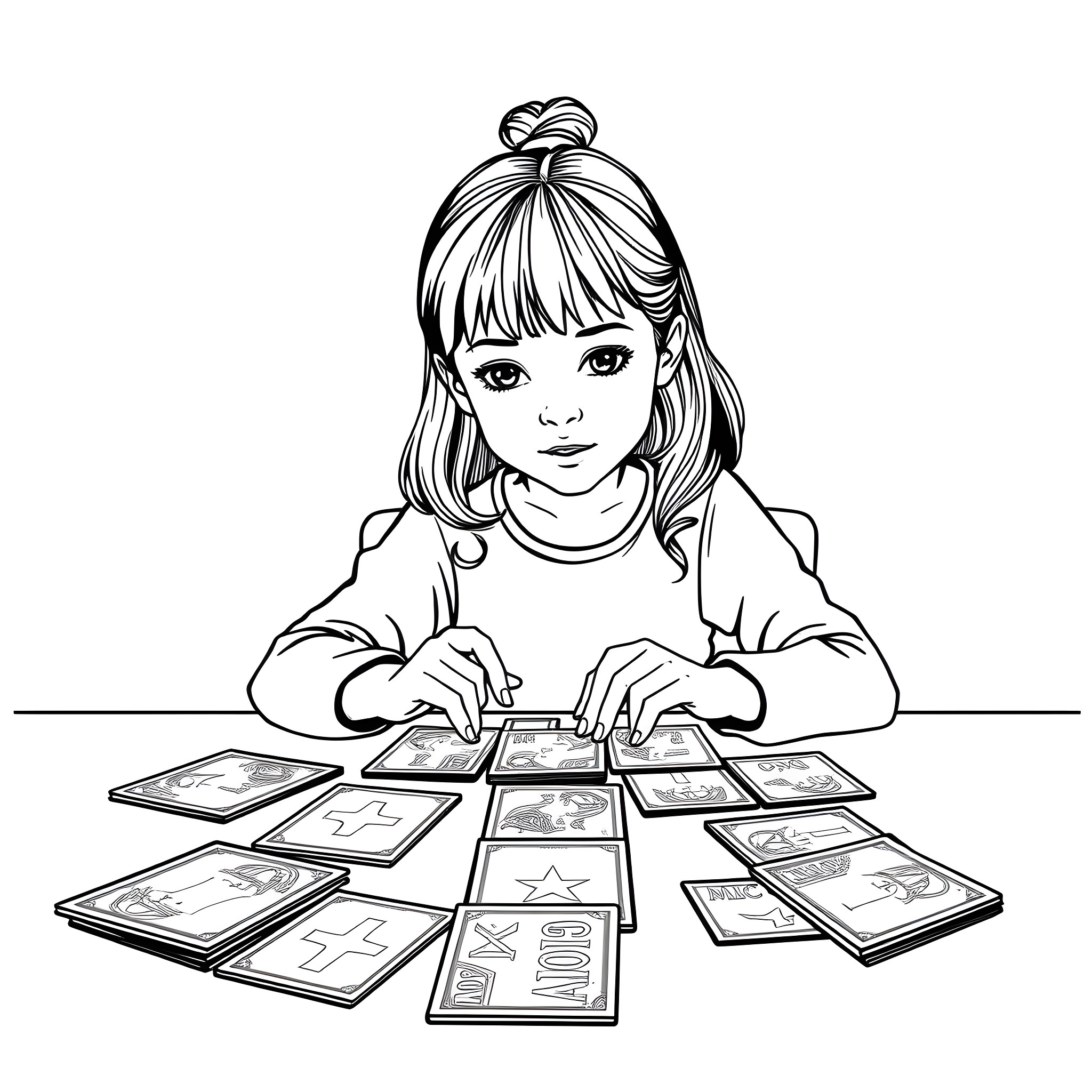Girl Playing with Tarot Cards Coloring Page (free black-and-white line drawing printable PDF for all, from beginners to advanced learners, including children, teens, adults, and seniors)