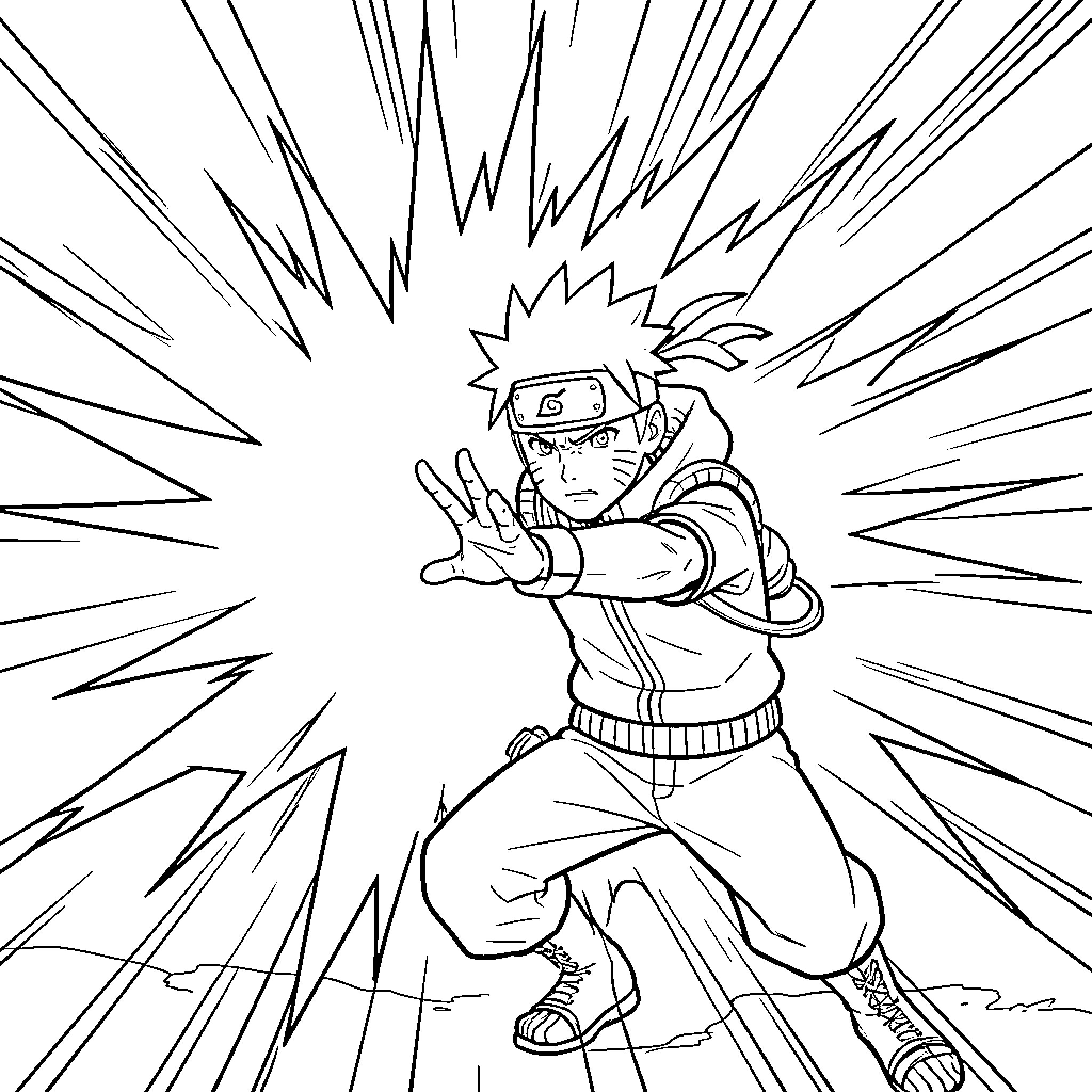 Naruto performing a powerful jutsu attack pose Coloring Page (free black-and-white line drawing printable PDF for all, from beginners to advanced learners, including children, teens, adults, and seniors)