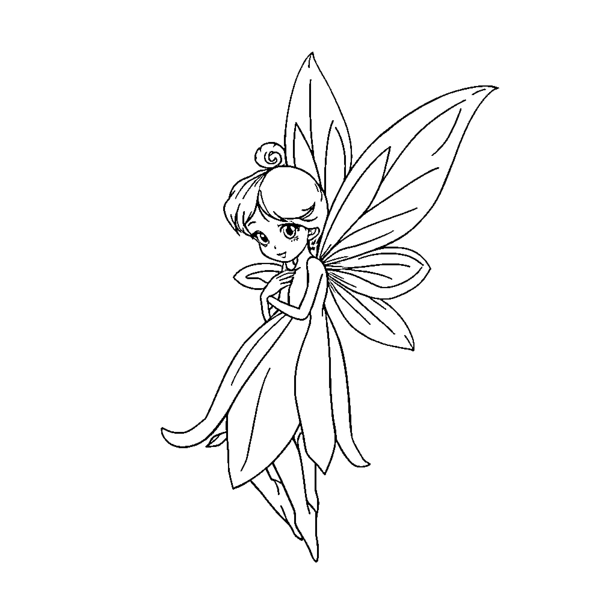 Fairy character with delicate butterfly wings Coloring Page (free black-and-white line drawing printable PDF for all, from beginners to advanced learners, including children, teens, adults, and seniors)