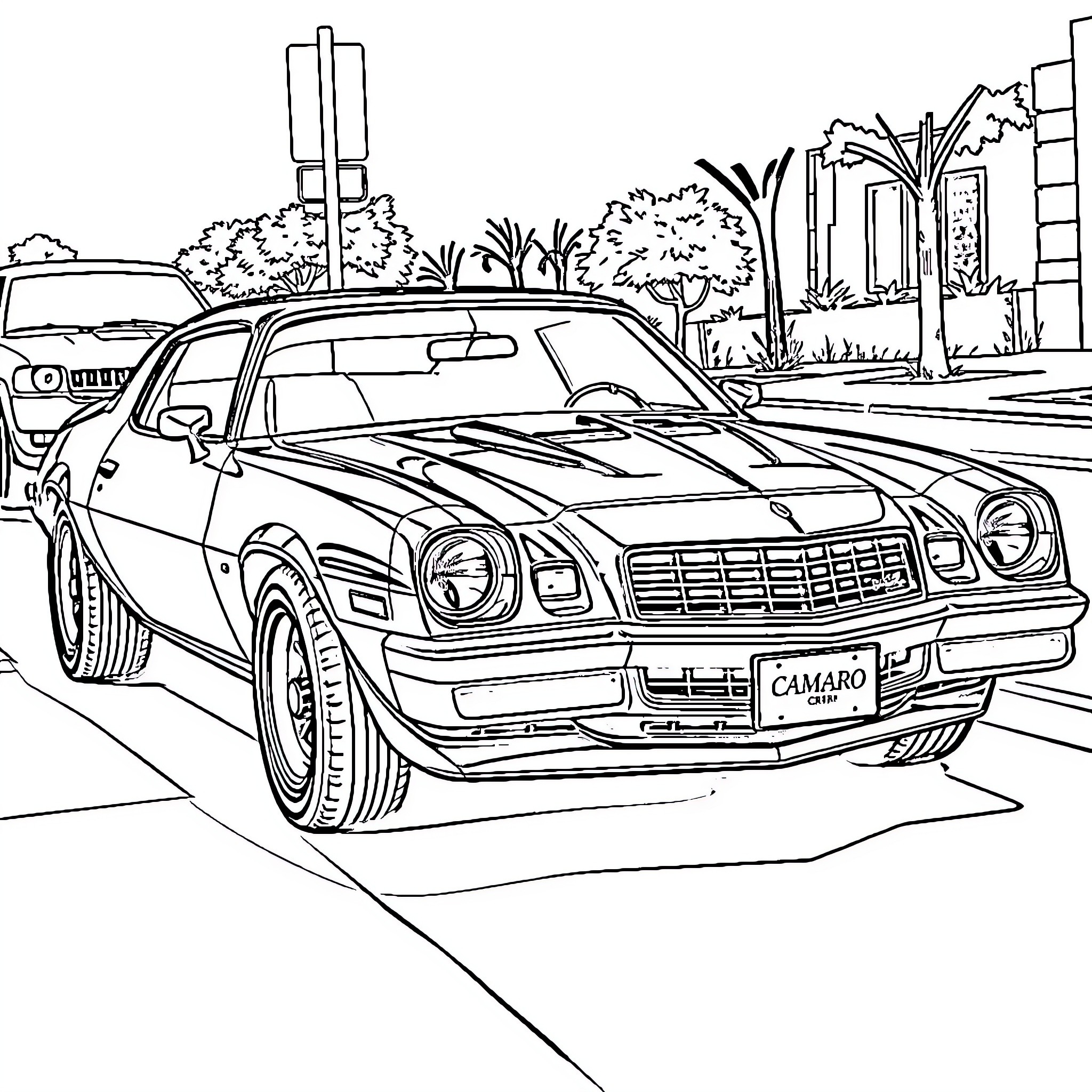 Camaro racing through urban landscape Coloring Page (free black-and-white line drawing printable PDF for all, from beginners to advanced learners, including children, teens, adults, and seniors)