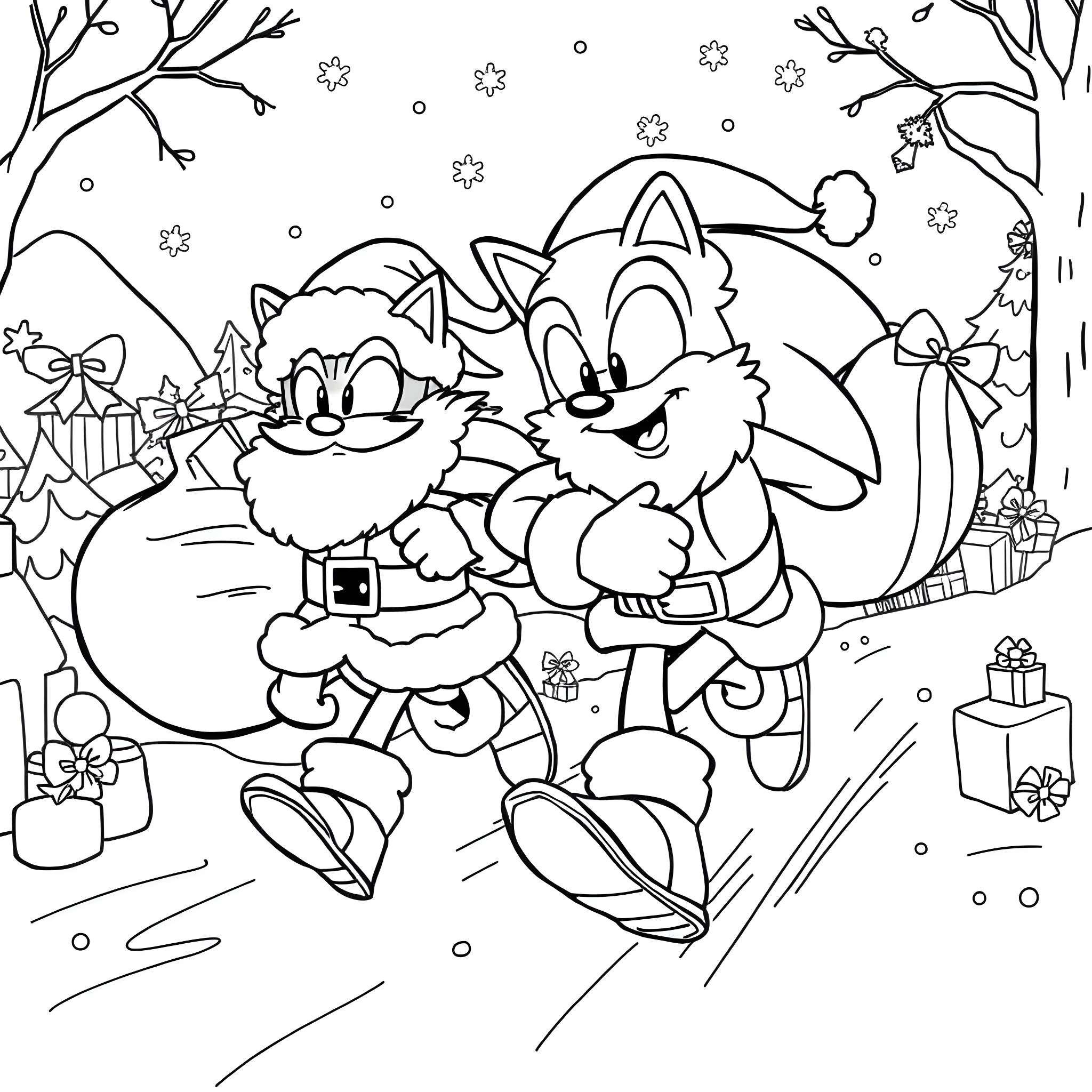 Sonic characters celebrate the winter holidays Coloring Page (free black-and-white line drawing printable PDF for all, from beginners to advanced learners, including children, teens, adults, and seniors)