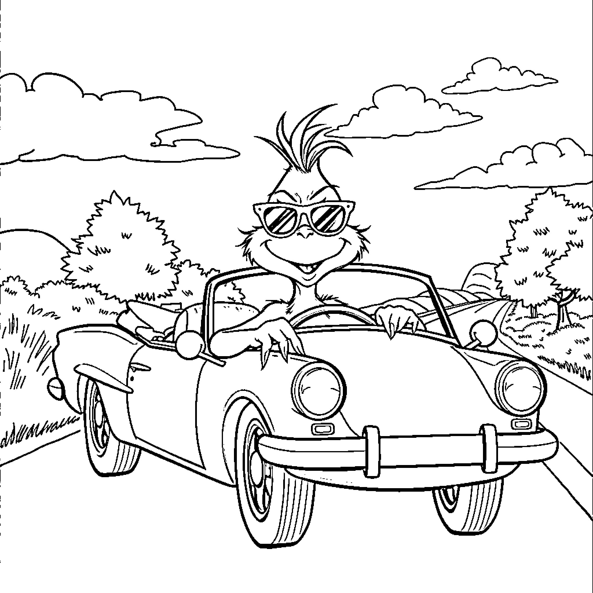 Grinch driving a vintage car in the countryside Coloring Page (free black-and-white line drawing printable PDF for all, from beginners to advanced learners, including children, teens, adults, and seniors)