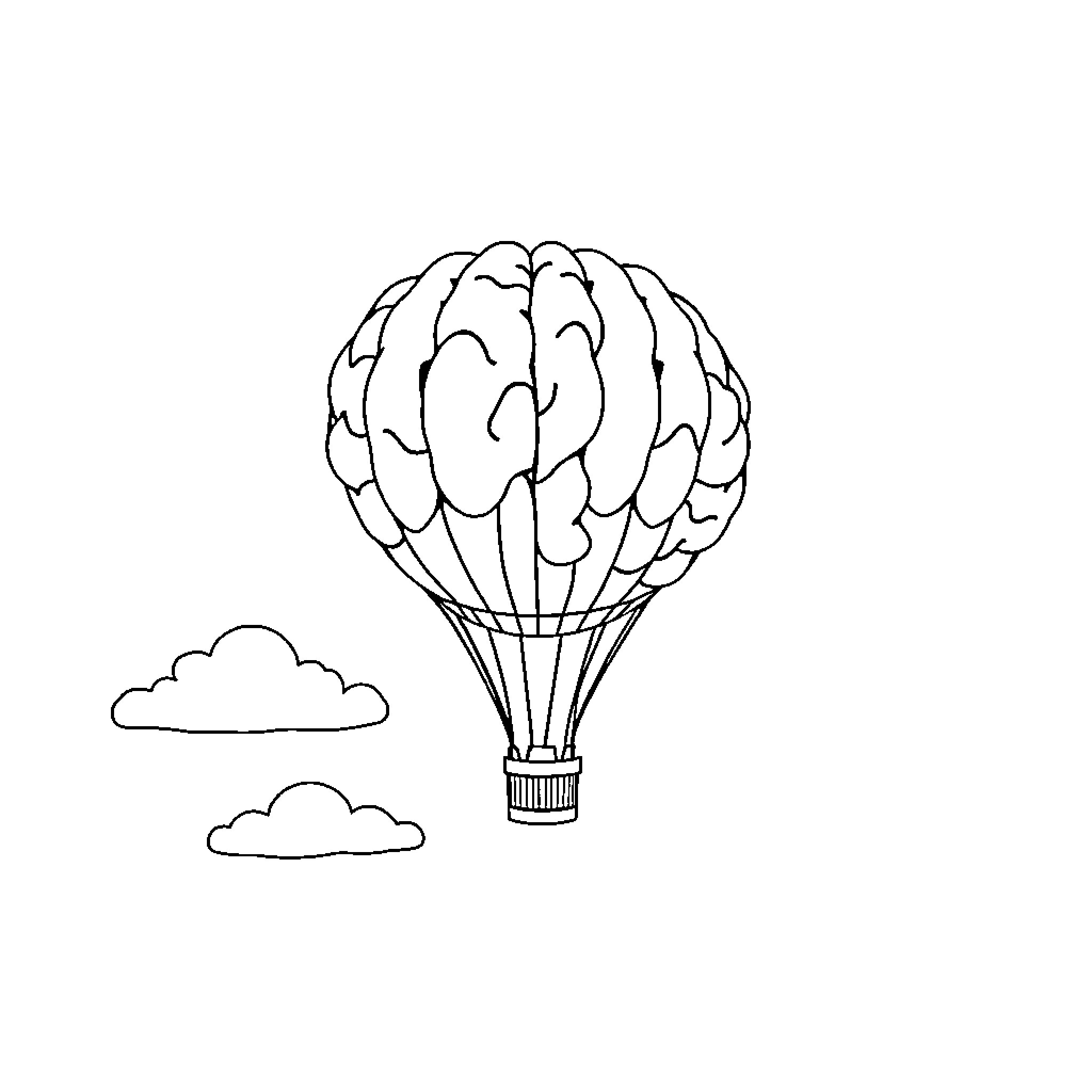 Brain taking flight in hot air balloon Coloring Page (free black-and-white line drawing printable PDF for all, from beginners to advanced learners, including children, teens, adults, and seniors)