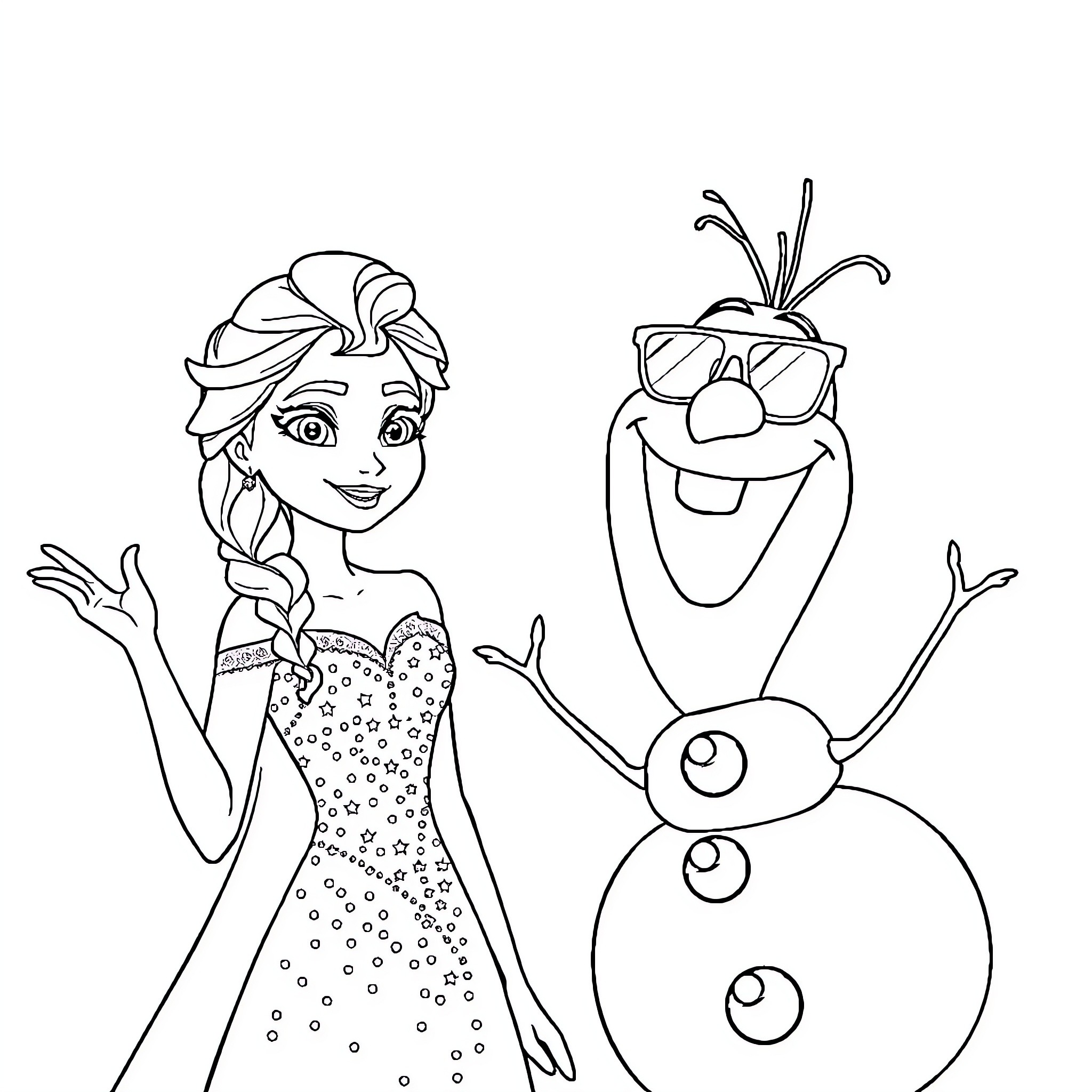Elsa and Olaf enjoying a playful moment Coloring Page (free black-and-white line drawing printable PDF for all, from beginners to advanced learners, including children, teens, adults, and seniors)