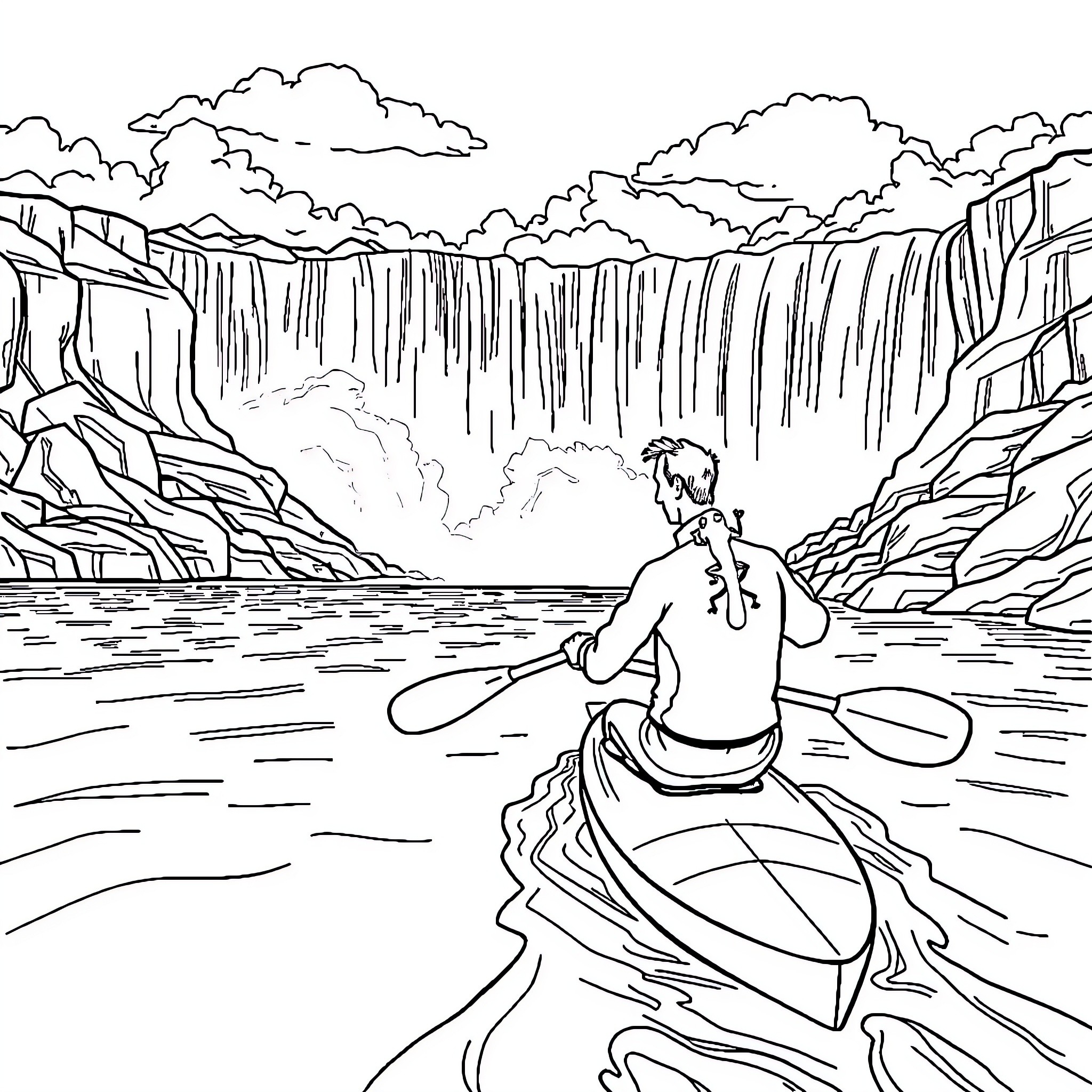 Mr. Rogers kayaking near a majestic waterfall Coloring Page (free black-and-white line drawing printable PDF for all, from beginners to advanced learners, including children, teens, adults, and seniors)