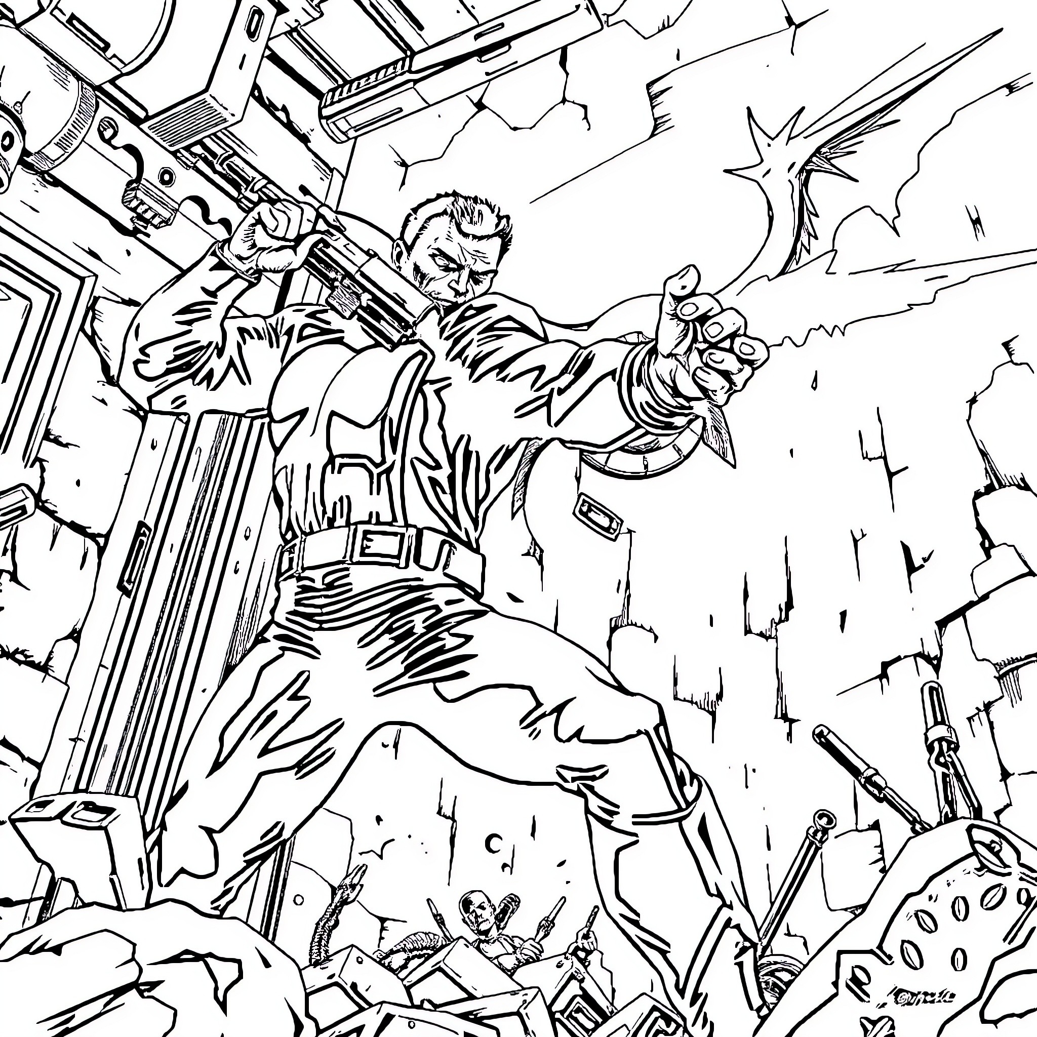 Punisher unleashing justice amid chaos Coloring Page (free black-and-white line drawing printable PDF for all, from beginners to advanced learners, including children, teens, adults, and seniors)