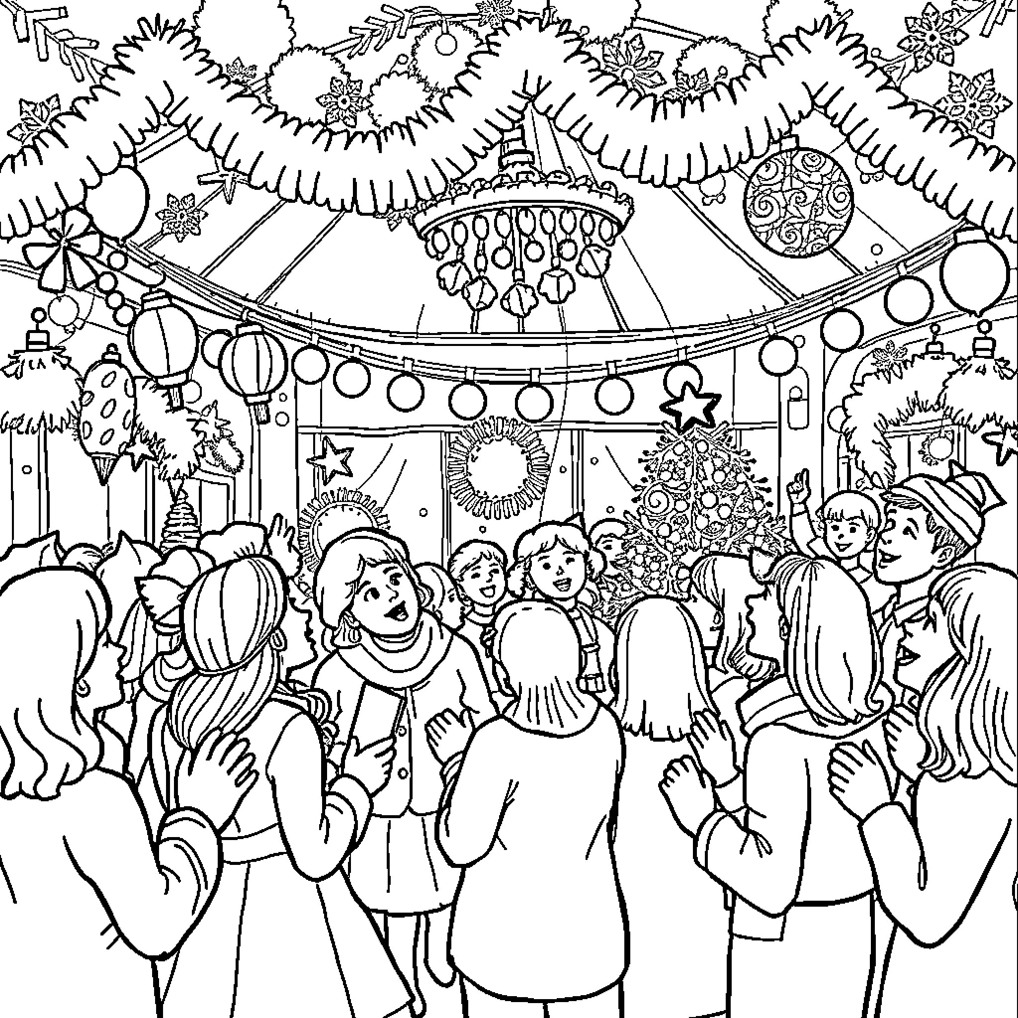 Christmas Celebration with Festive Decorations and People Coloring Page (free black-and-white line drawing printable PDF for all, from beginners to advanced learners, including children, teens, adults, and seniors)