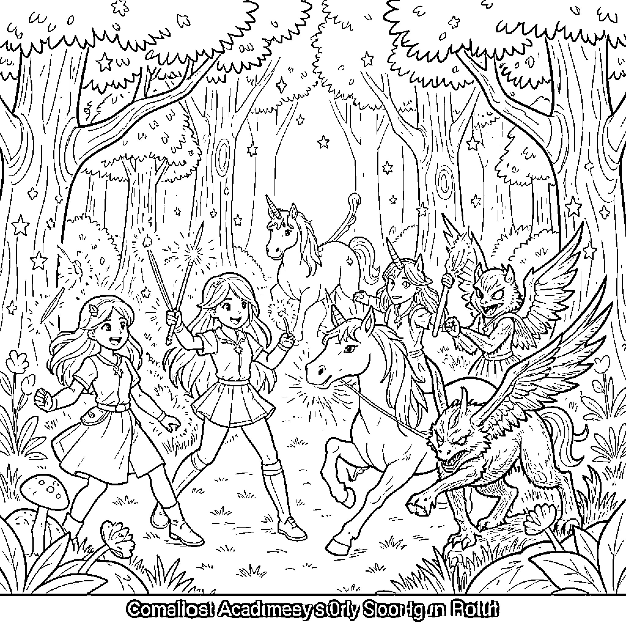 Unicorn enchanted forest adventure with fairy companions Coloring Page (free black-and-white line drawing printable PDF for all, from beginners to advanced learners, including children, teens, adults, and seniors)