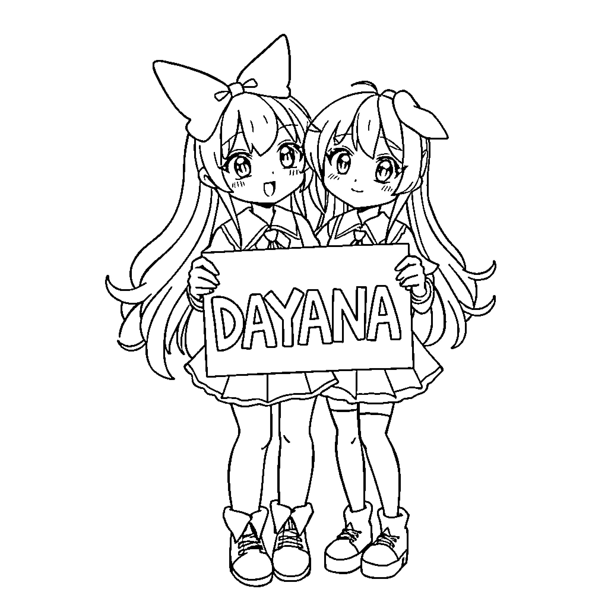 Kuromi girls holding a 'Dayana' sign Coloring Page (free black-and-white line drawing printable PDF for all, from beginners to advanced learners, including children, teens, adults, and seniors)