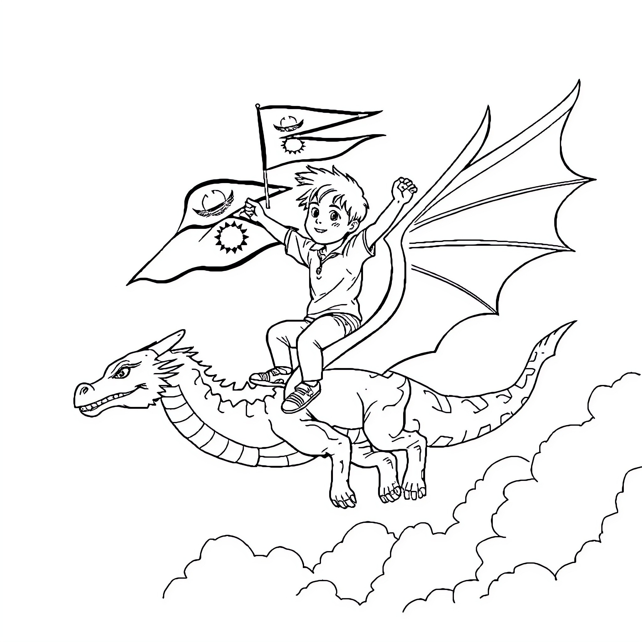 Boy riding a dragon in the sky Coloring Page (free black-and-white line drawing printable PDF for all, from beginners to advanced learners, including children, teens, adults, and seniors)