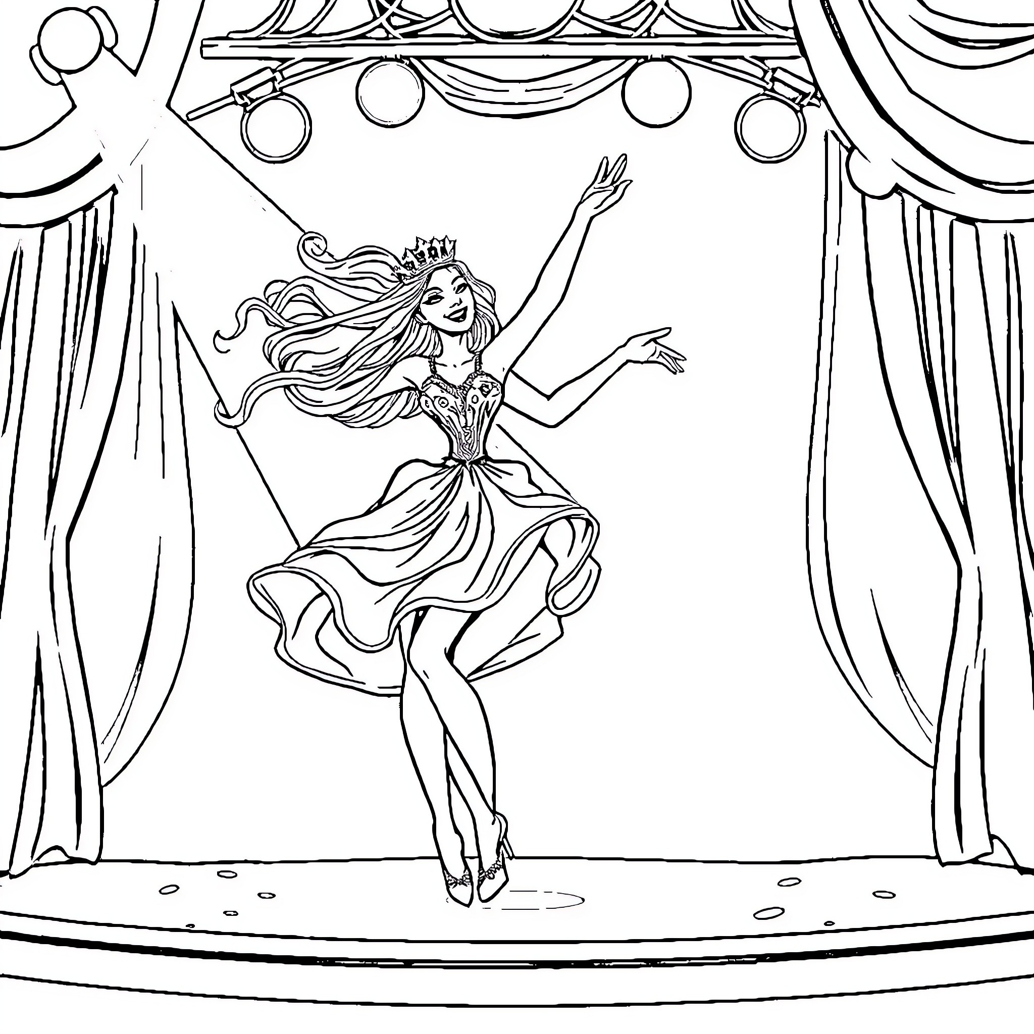 Dancing Queen on the Stage Coloring Page (free black-and-white line drawing printable PDF for all, from beginners to advanced learners, including children, teens, adults, and seniors)