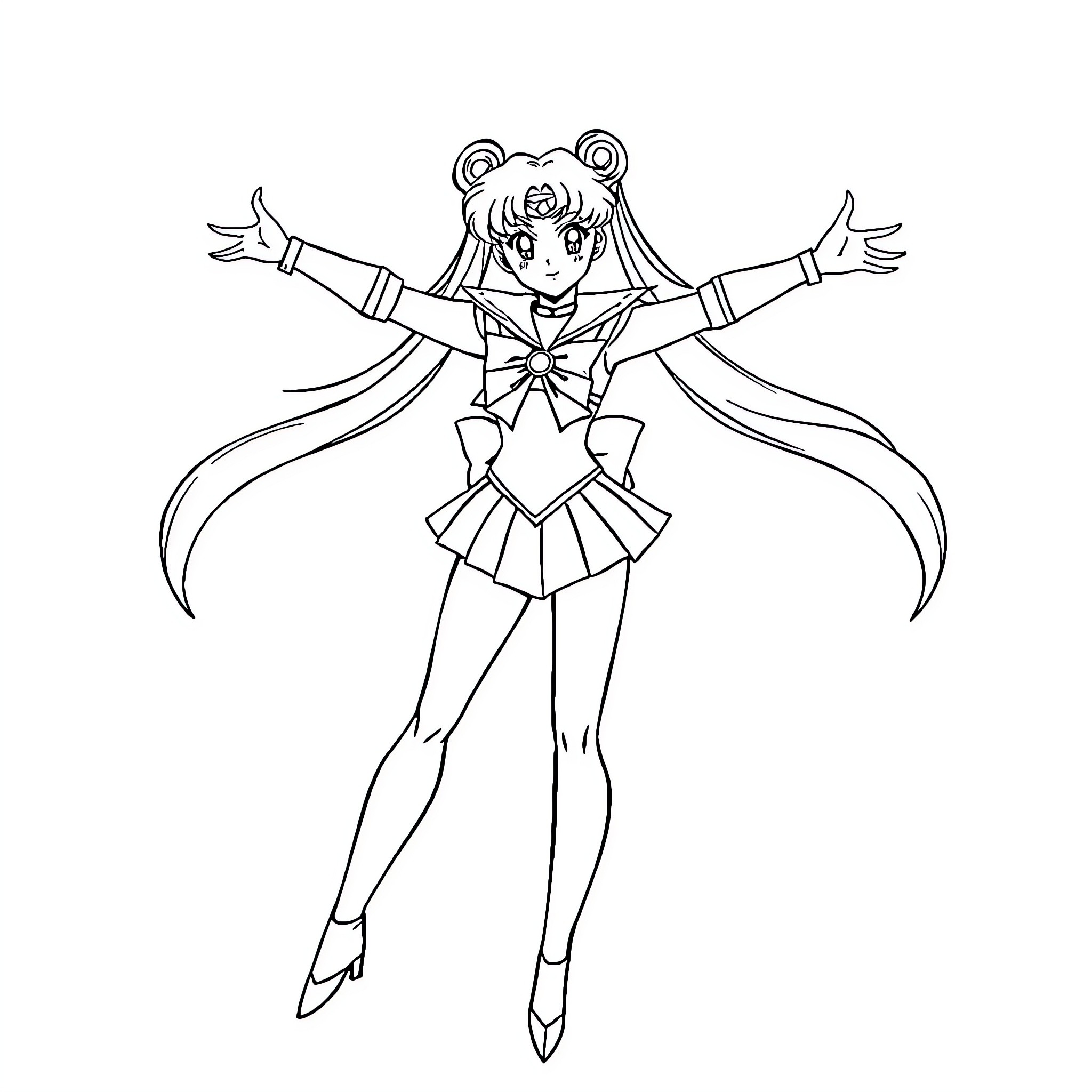 Sailor Moon Heroine in Iconic Pose Coloring Page (free black-and-white line drawing printable PDF for all, from beginners to advanced learners, including children, teens, adults, and seniors)