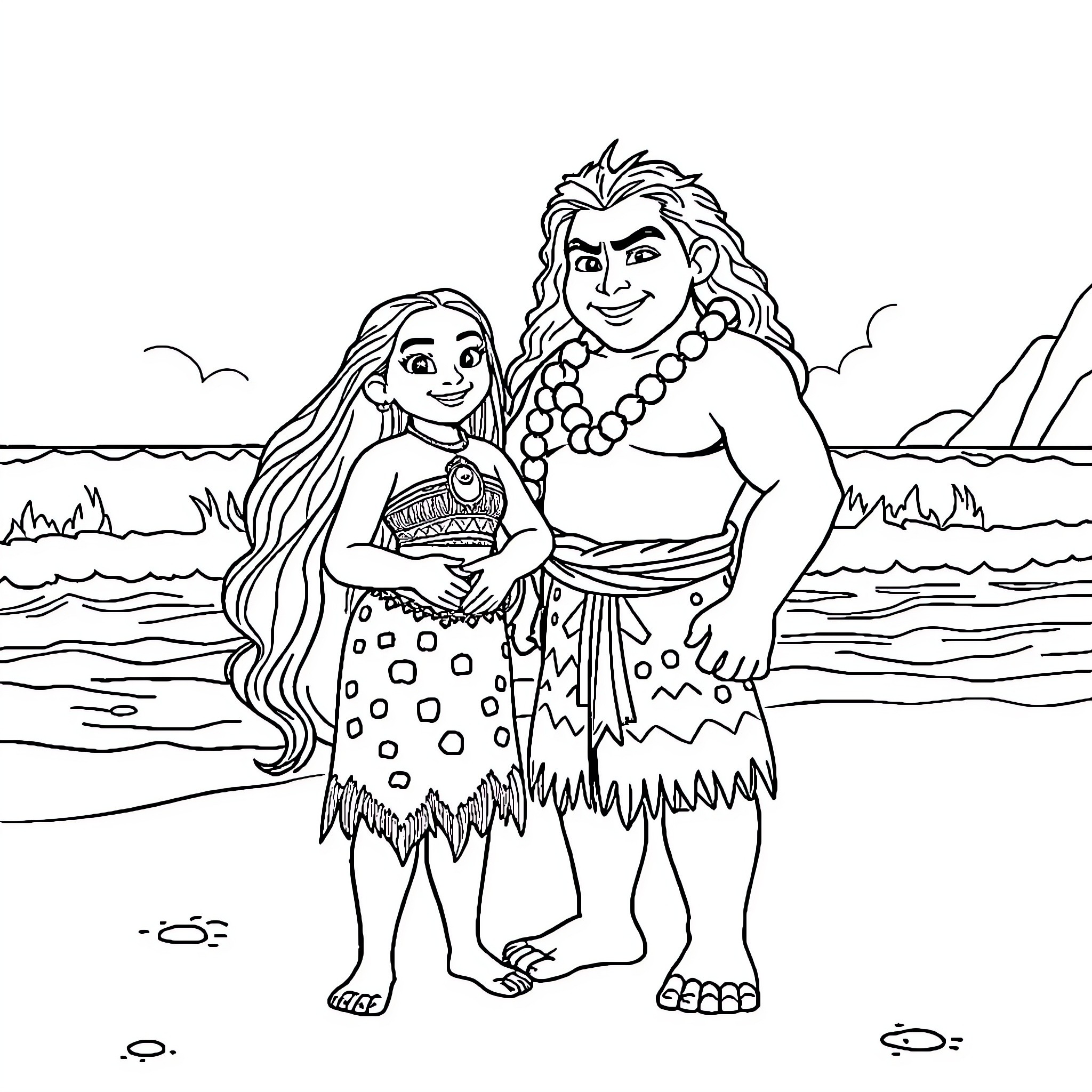 Moana and Maui exploring the ocean together Coloring Page (free black-and-white line drawing printable PDF for all, from beginners to advanced learners, including children, teens, adults, and seniors)
