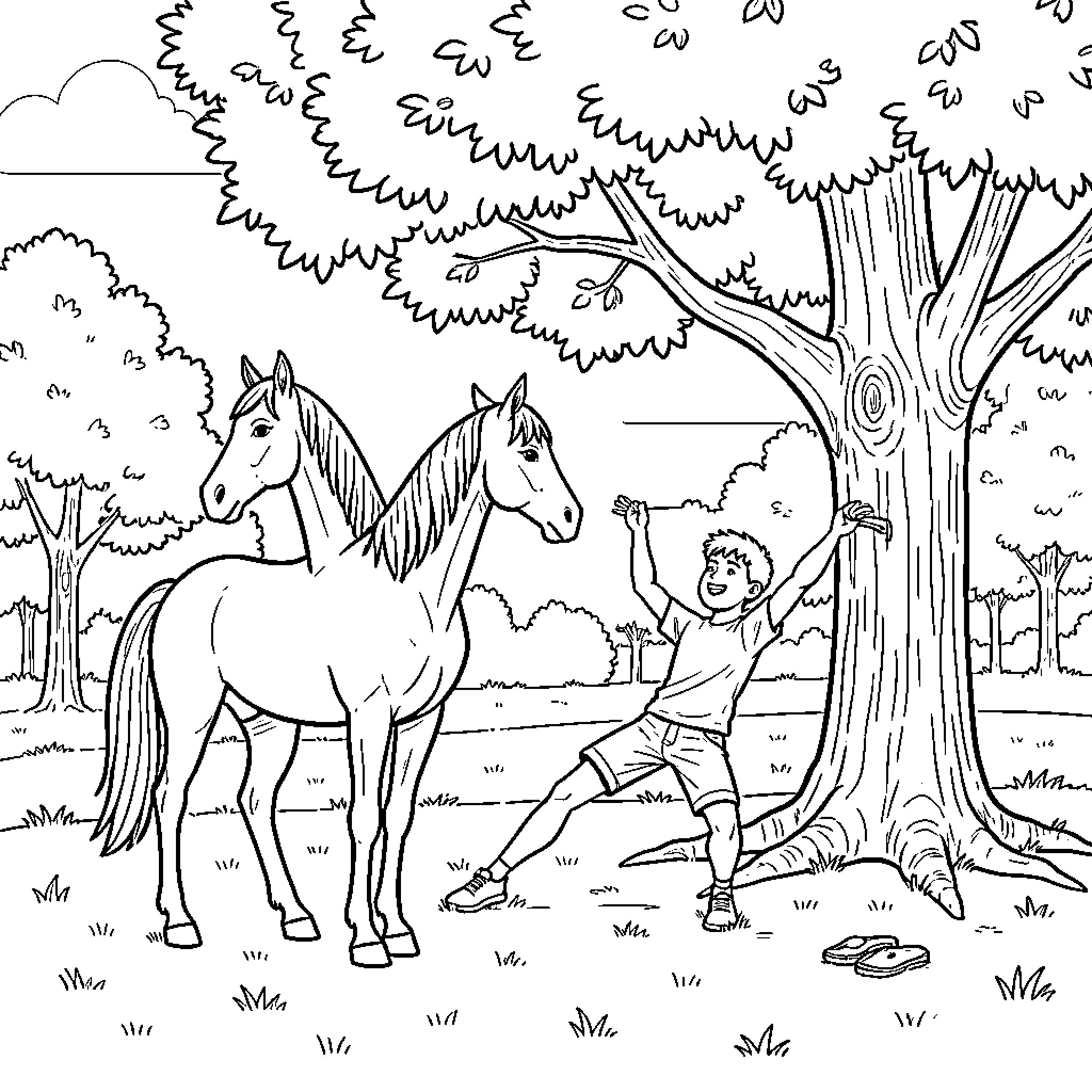 Caballo and child playing in nature Coloring Page (free black-and-white line drawing printable PDF for all, from beginners to advanced learners, including children, teens, adults, and seniors)