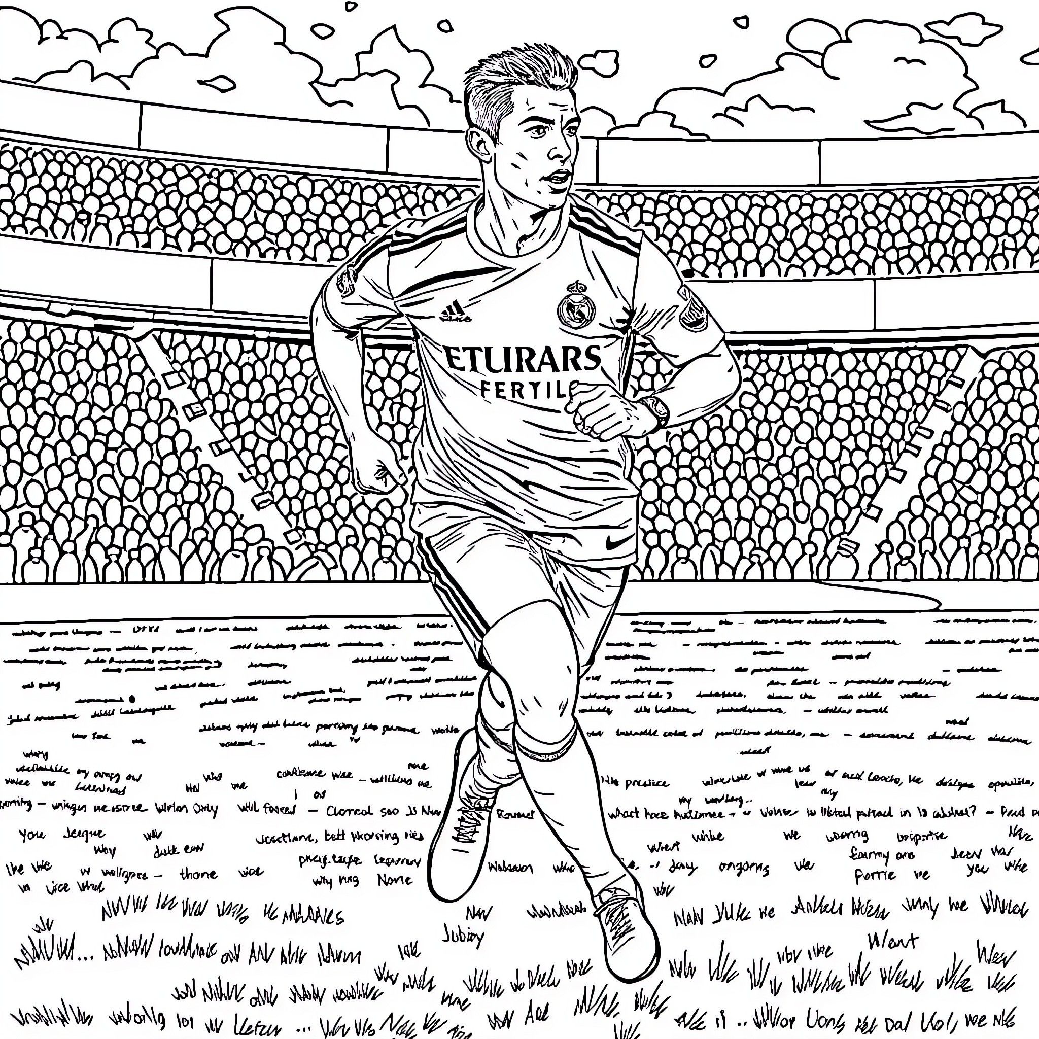 Cristiano Ronaldo playing football in a stadium Coloring Page (free black-and-white line drawing printable PDF for all, from beginners to advanced learners, including children, teens, adults, and seniors)