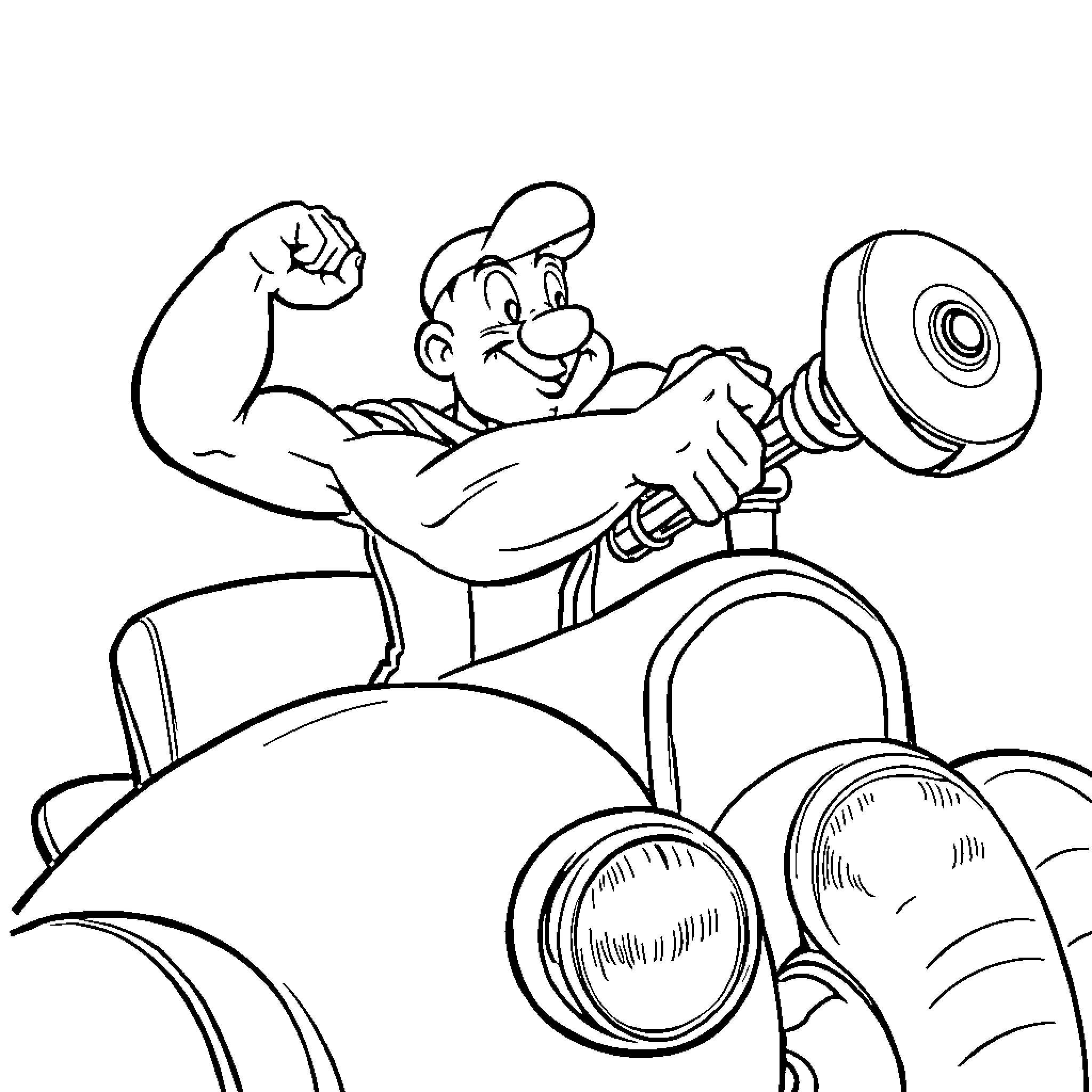 Popeye the Sailor Man flexing his muscles on a motorcycle Coloring Page (free black-and-white line drawing printable PDF for all, from beginners to advanced learners, including children, teens, adults, and seniors)
