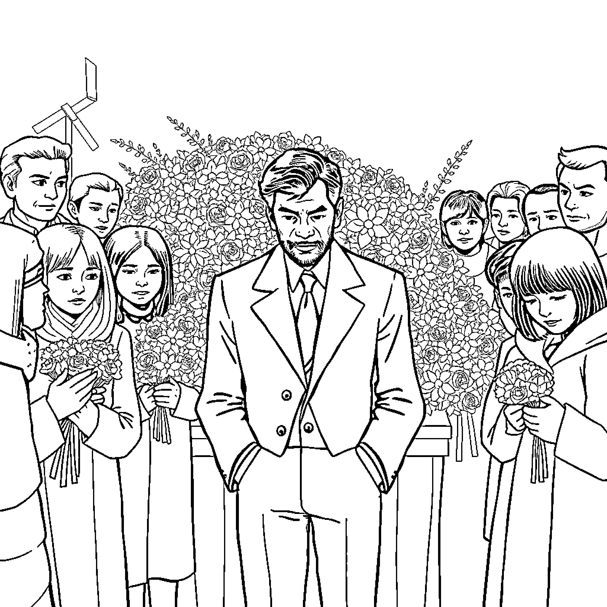 Romeo Doubs surrounded by supporters in formal attire Coloring Page (free black-and-white line drawing printable PDF for all, from beginners to advanced learners, including children, teens, adults, and seniors)
