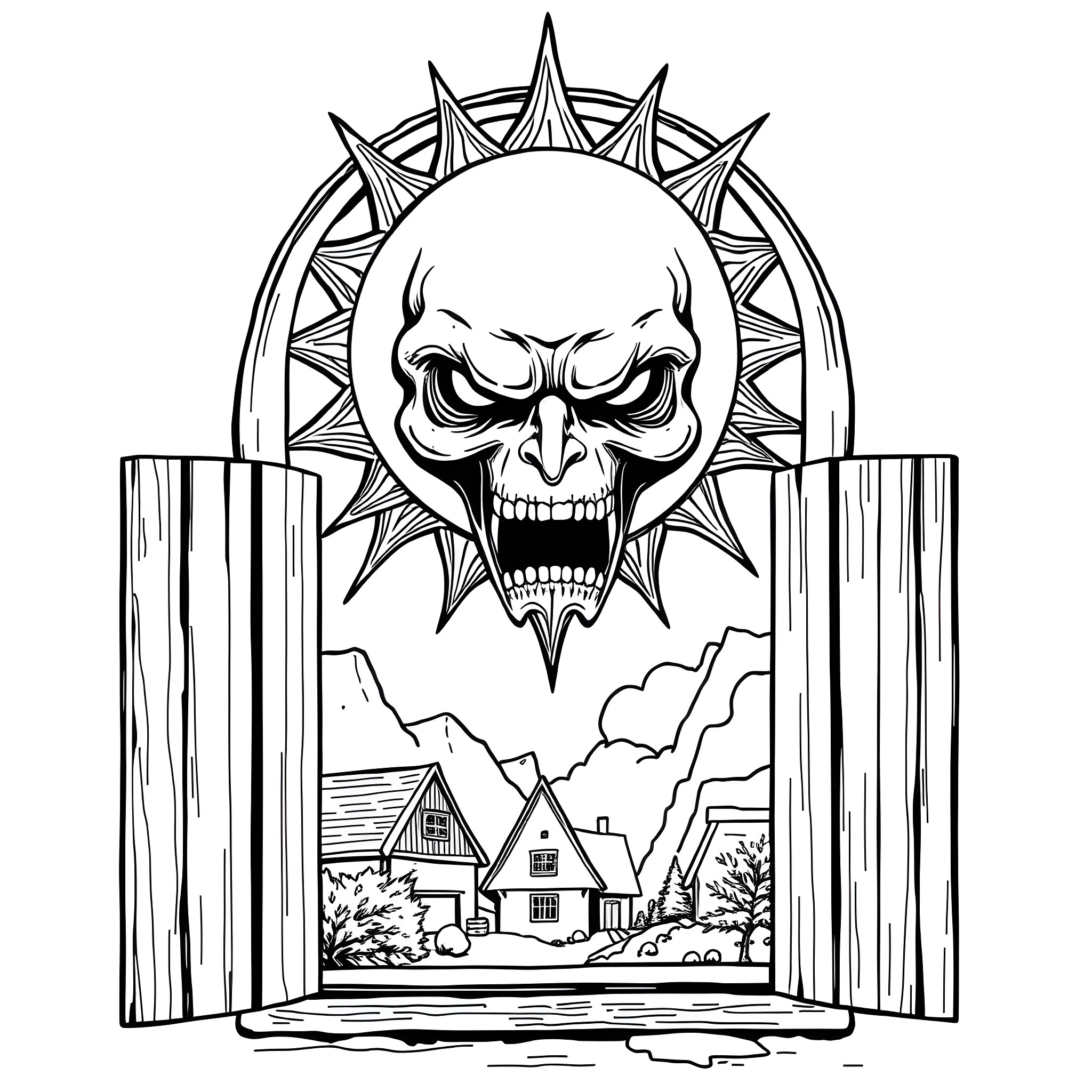 Sun piercing through ominous skull in rural landscape Coloring Page (free black-and-white line drawing printable PDF for all, from beginners to advanced learners, including children, teens, adults, and seniors)