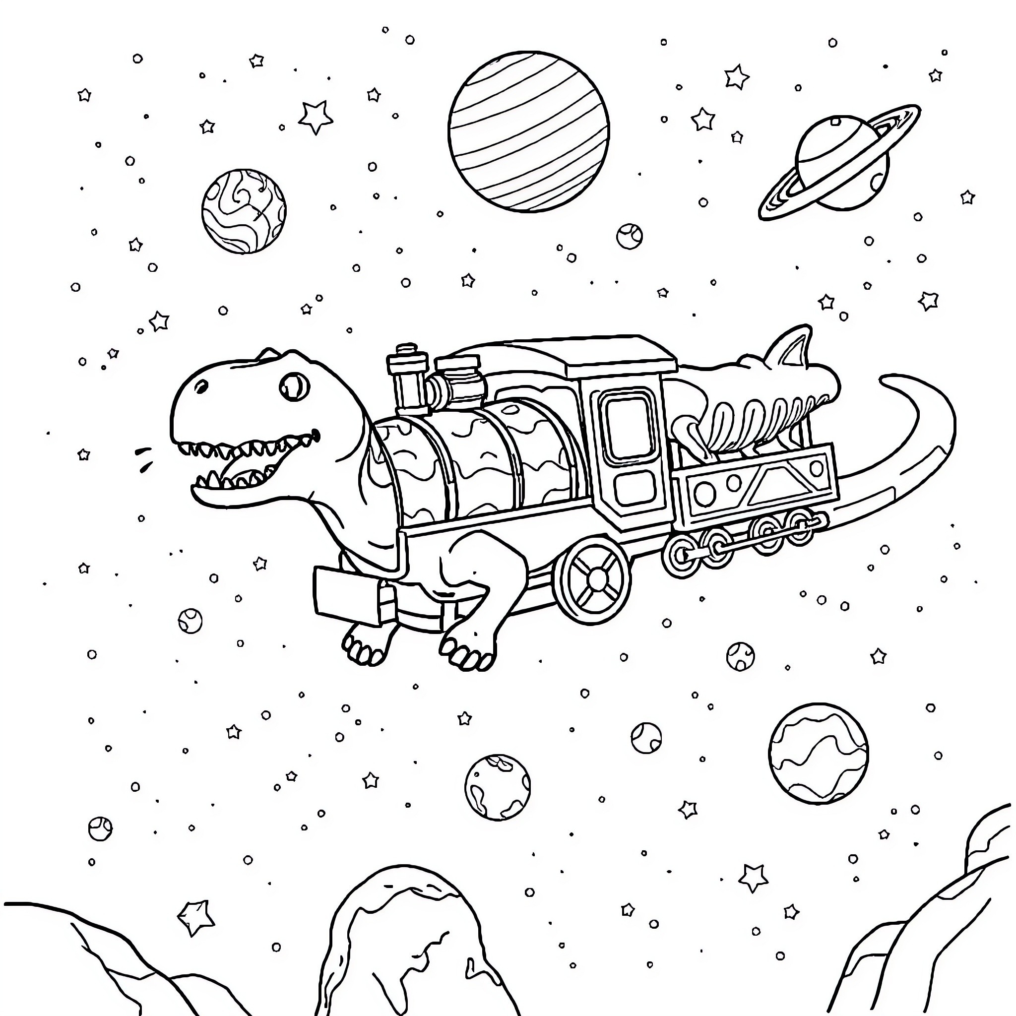 Dinosaur riding a whimsical space train through the galaxy Coloring Page (free black-and-white line drawing printable PDF for all, from beginners to advanced learners, including children, teens, adults, and seniors)