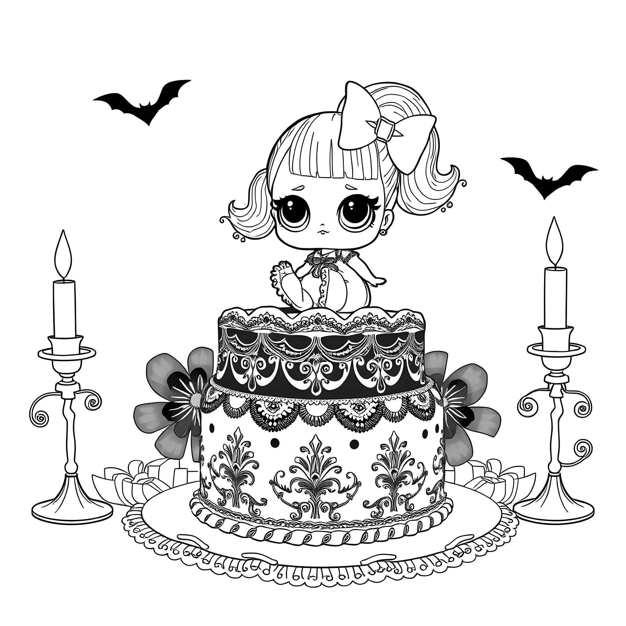 Goth Baby Celebrating Birthday with Spooky Decor Coloring Page (free black-and-white line drawing printable PDF for all, from beginners to advanced learners, including children, teens, adults, and seniors)