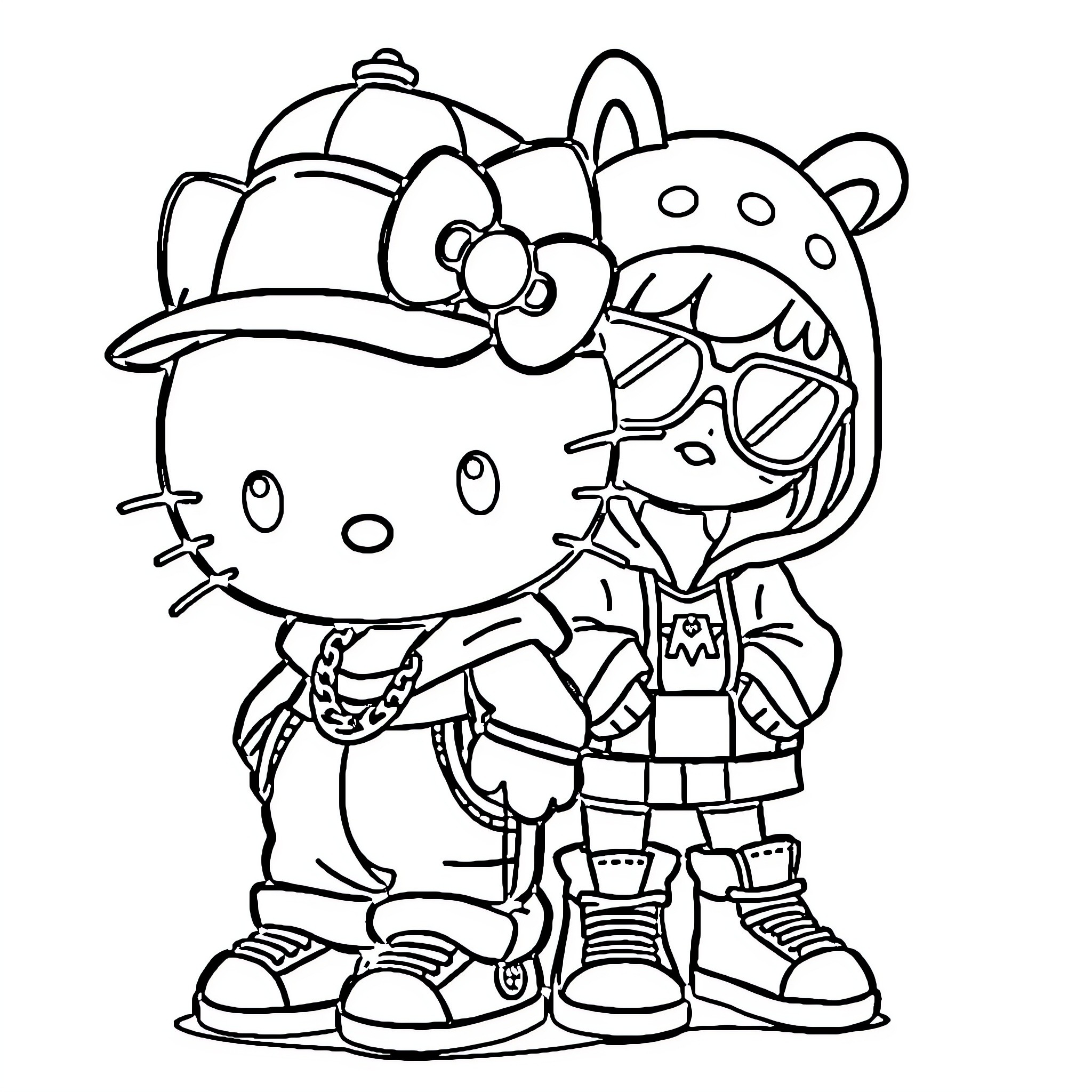 Hello Kitty and Monster Pal on an Adventure Coloring Page (free black-and-white line drawing printable PDF for all, from beginners to advanced learners, including children, teens, adults, and seniors)