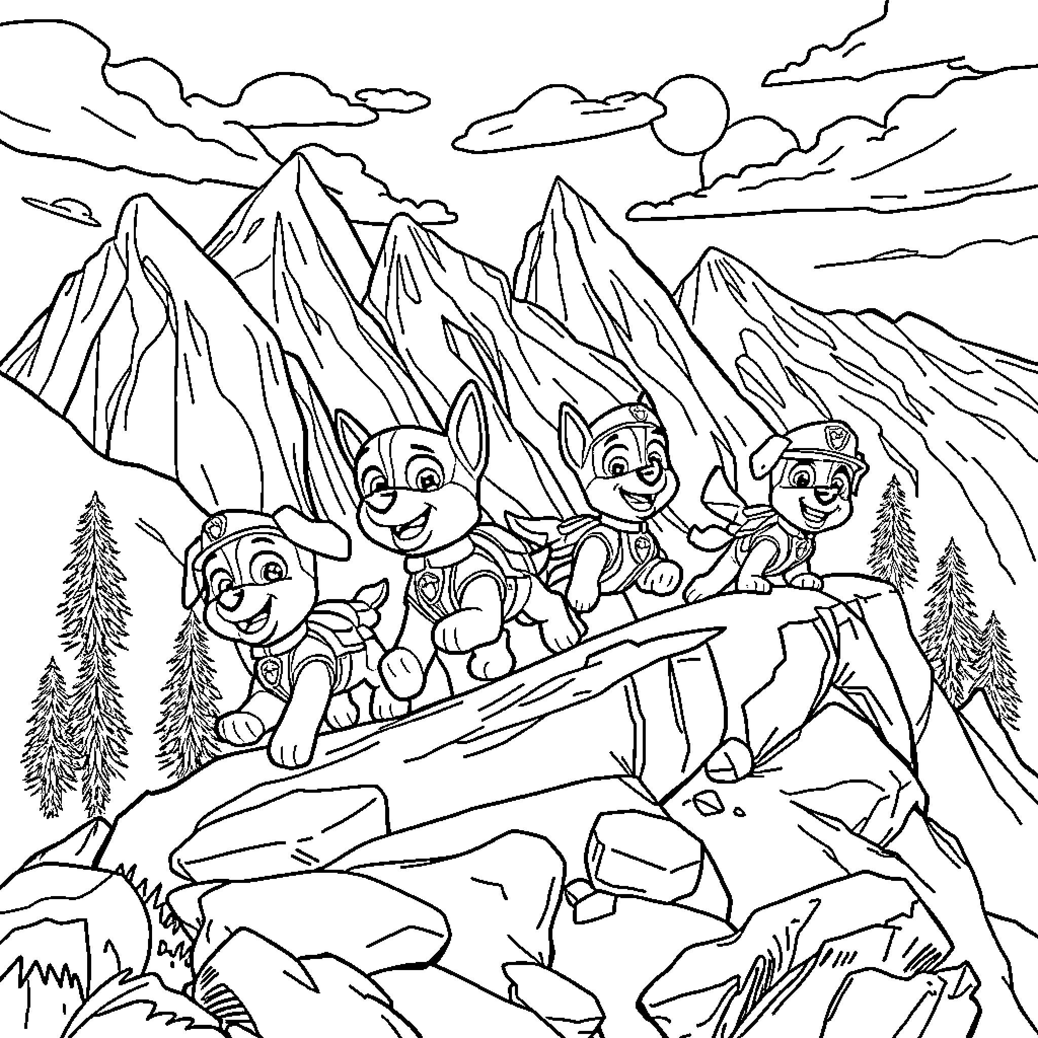 Chase of the Paw Patrol through the Mountains Coloring Page (free black-and-white line drawing printable PDF for all, from beginners to advanced learners, including children, teens, adults, and seniors)