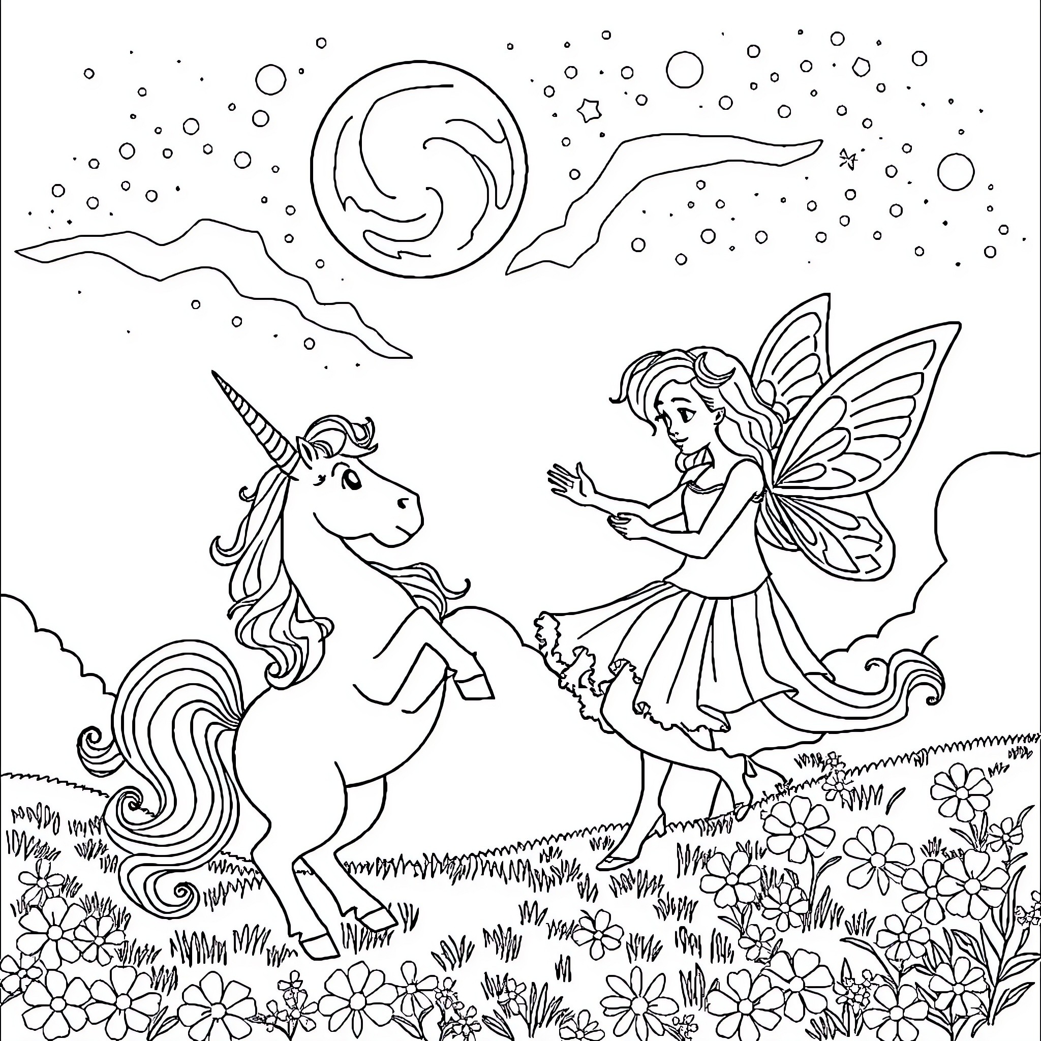 Unicorn and fairy dancing under the starry night Coloring Page (free black-and-white line drawing printable PDF for all, from beginners to advanced learners, including children, teens, adults, and seniors)
