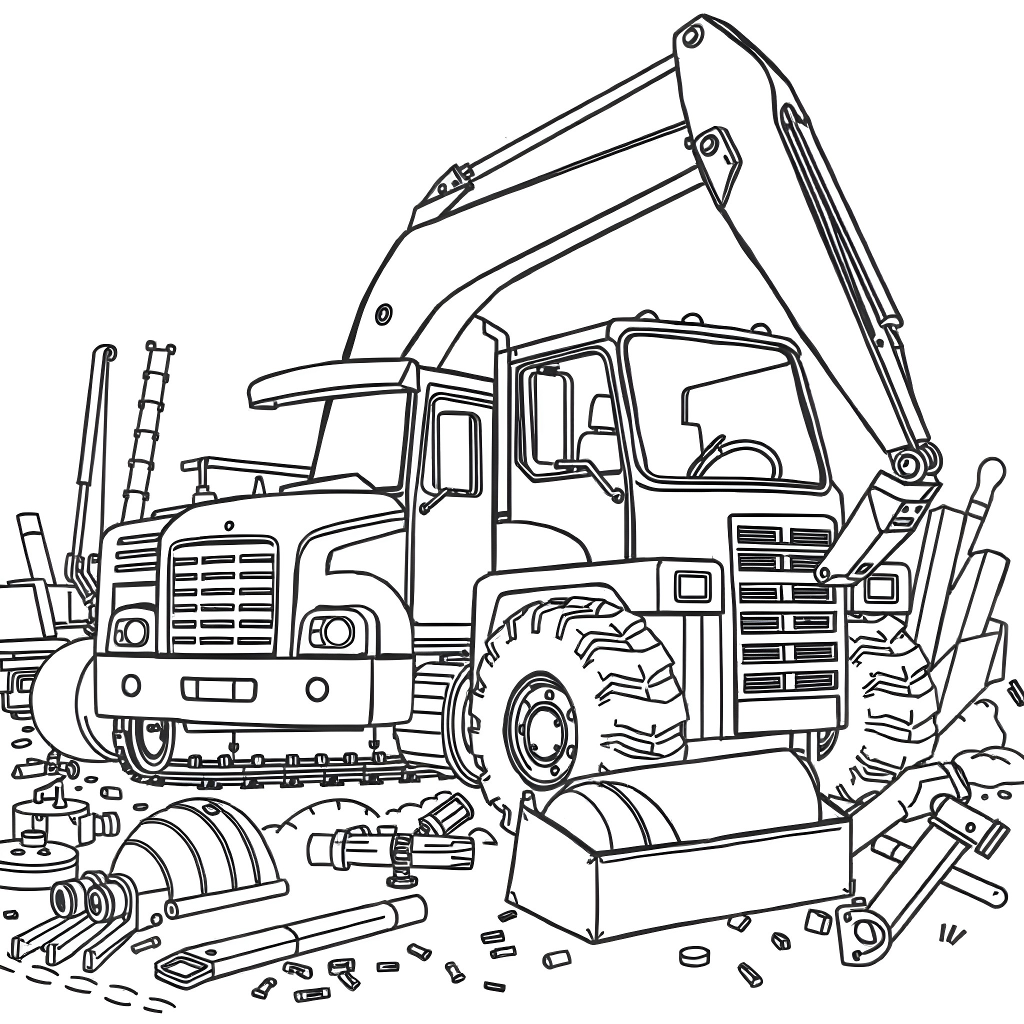 Excavator vehicle with construction tools and equipment Coloring Page (free black-and-white line drawing printable PDF for all, from beginners to advanced learners, including children, teens, adults, and seniors)