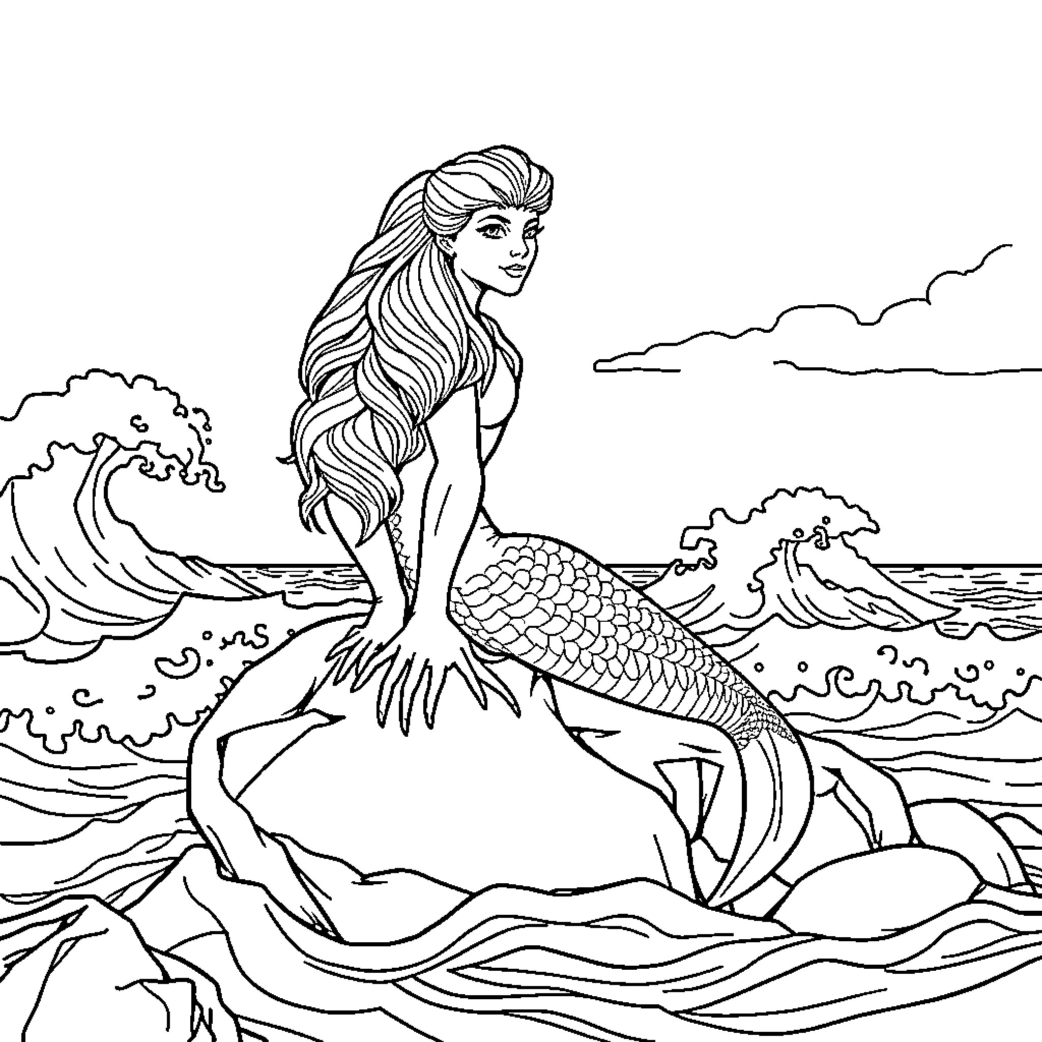 Mermaid swimming in the ocean with crashing waves Coloring Page (free black-and-white line drawing printable PDF for all, from beginners to advanced learners, including children, teens, adults, and seniors)