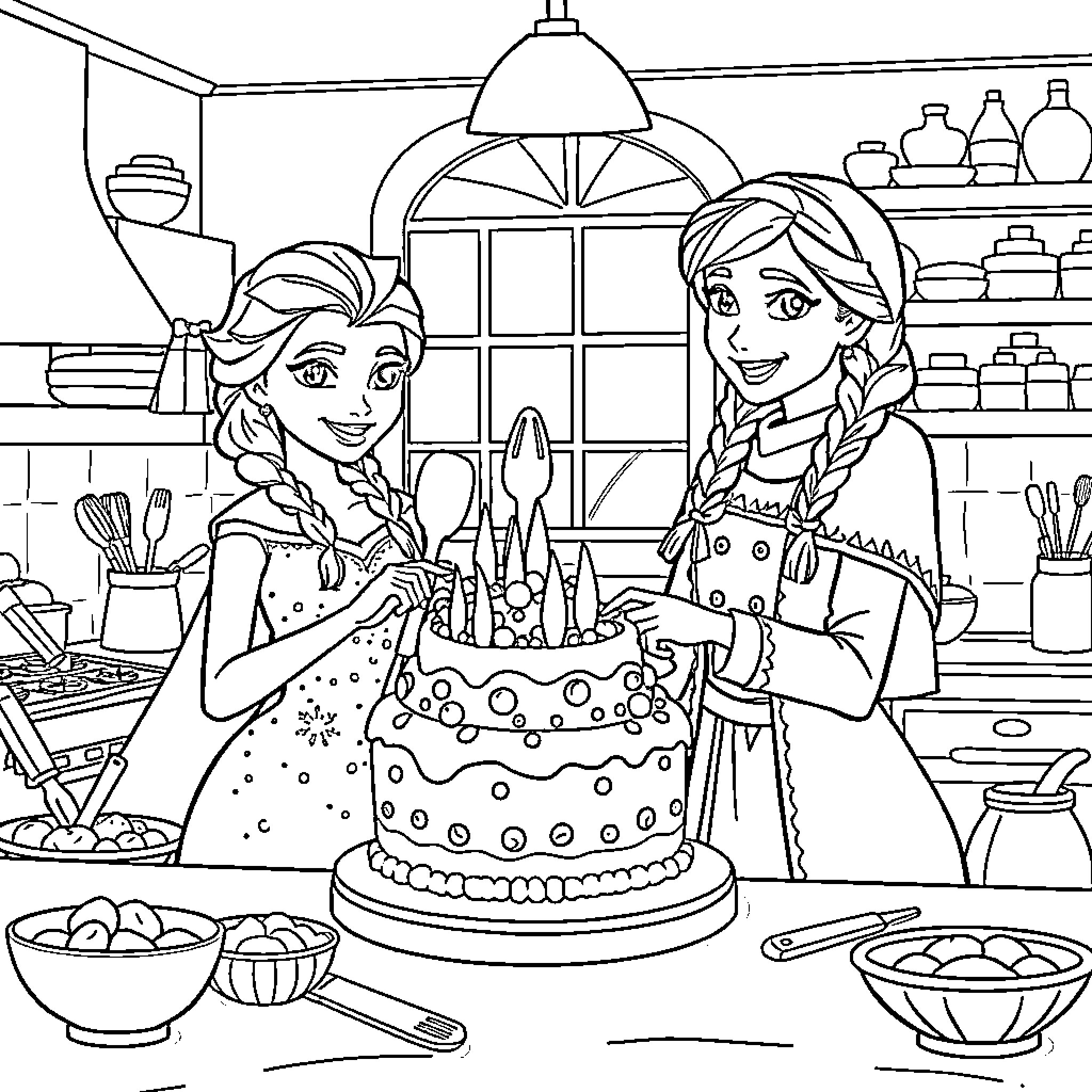 Elsa and Anna baking a cake together in the kitchen Coloring Page (free black-and-white line drawing printable PDF for all, from beginners to advanced learners, including children, teens, adults, and seniors)