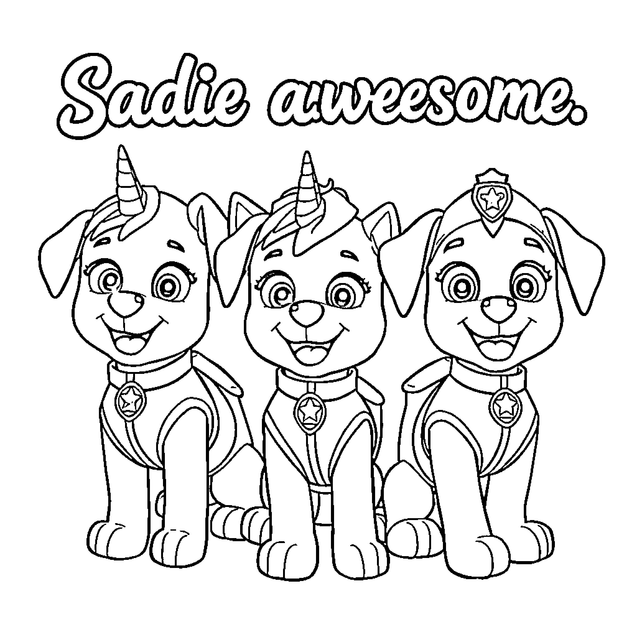 Puppies posing adorably with unicorn hats Coloring Page (free black-and-white line drawing printable PDF for all, from beginners to advanced learners, including children, teens, adults, and seniors)