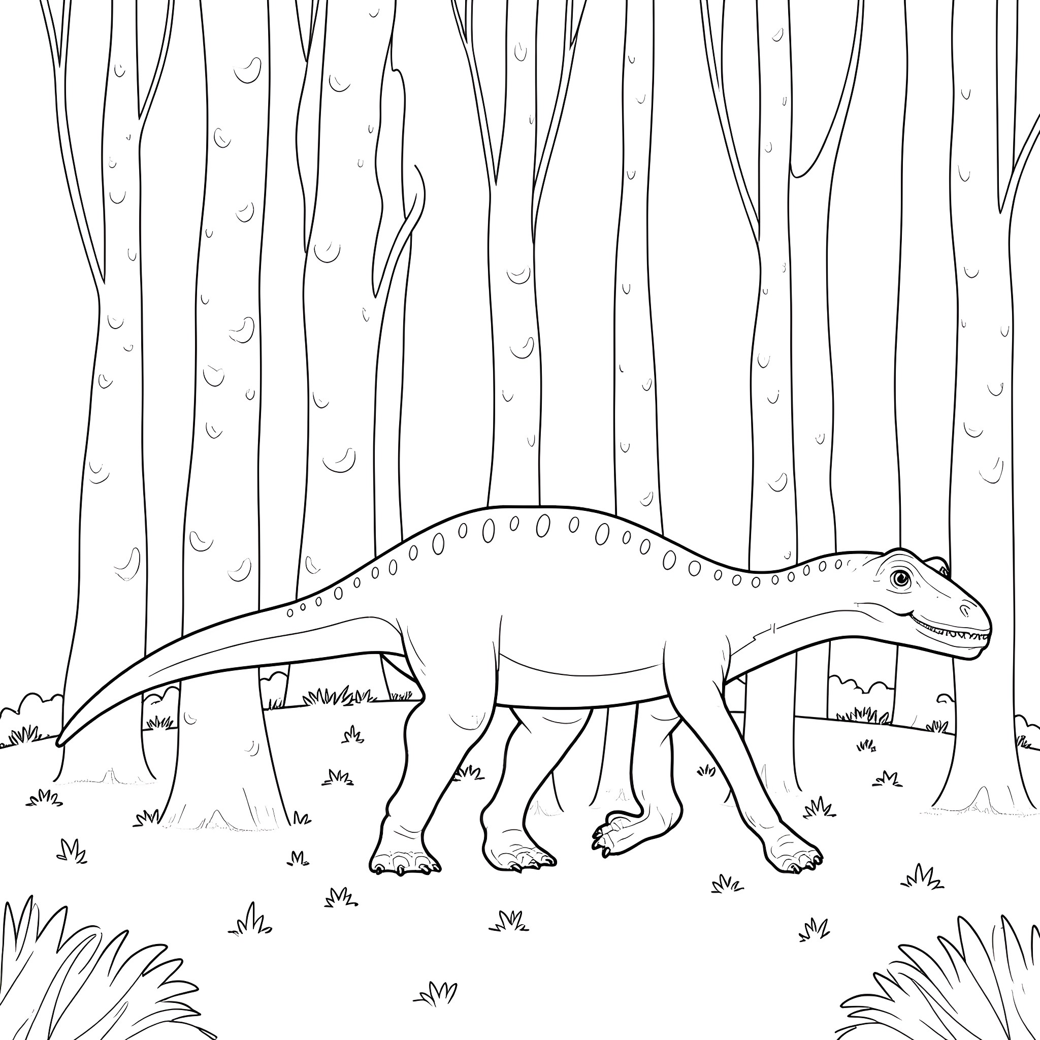 Dinosaur exploring the forest environment Coloring Page (free black-and-white line drawing printable PDF for all, from beginners to advanced learners, including children, teens, adults, and seniors)