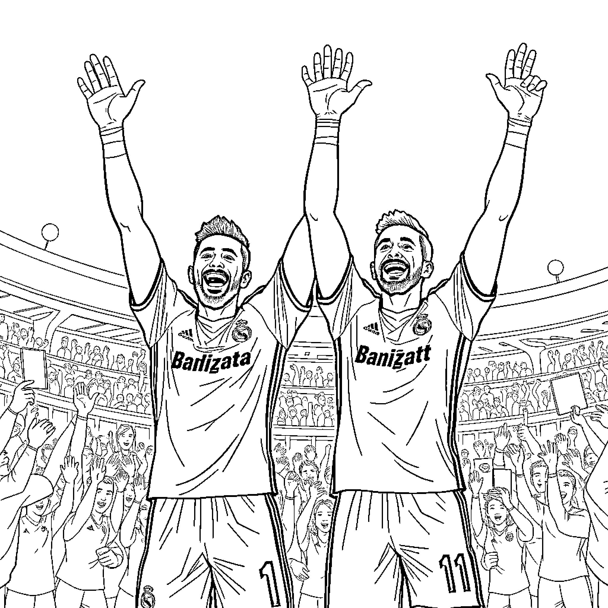 Bellingham - Excited Athletes Celebrating Victory on the Court Coloring Page (free black-and-white line drawing printable PDF for all, from beginners to advanced learners, including children, teens, adults, and seniors)
