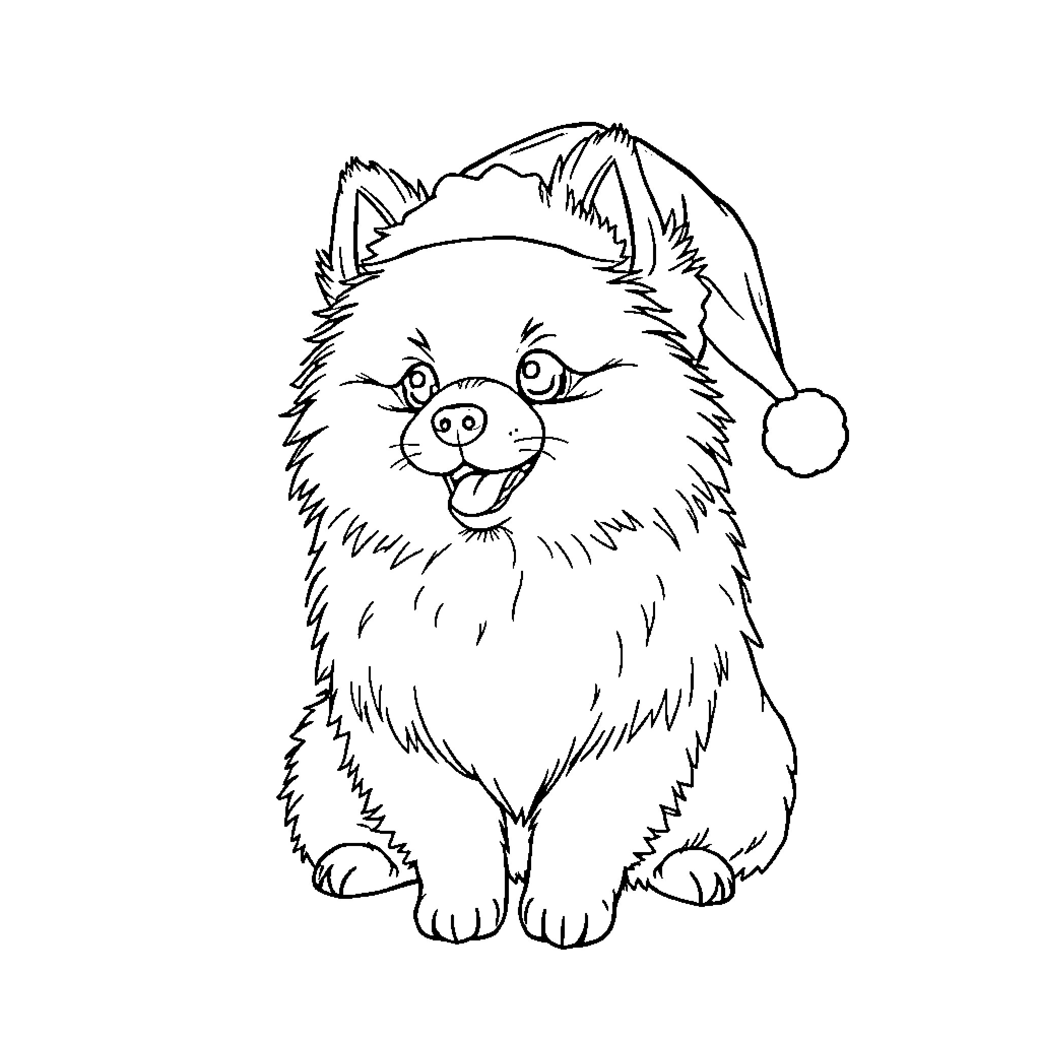Pomeranian wearing a festive hat Coloring Page (free black-and-white line drawing printable PDF for all, from beginners to advanced learners, including children, teens, adults, and seniors)