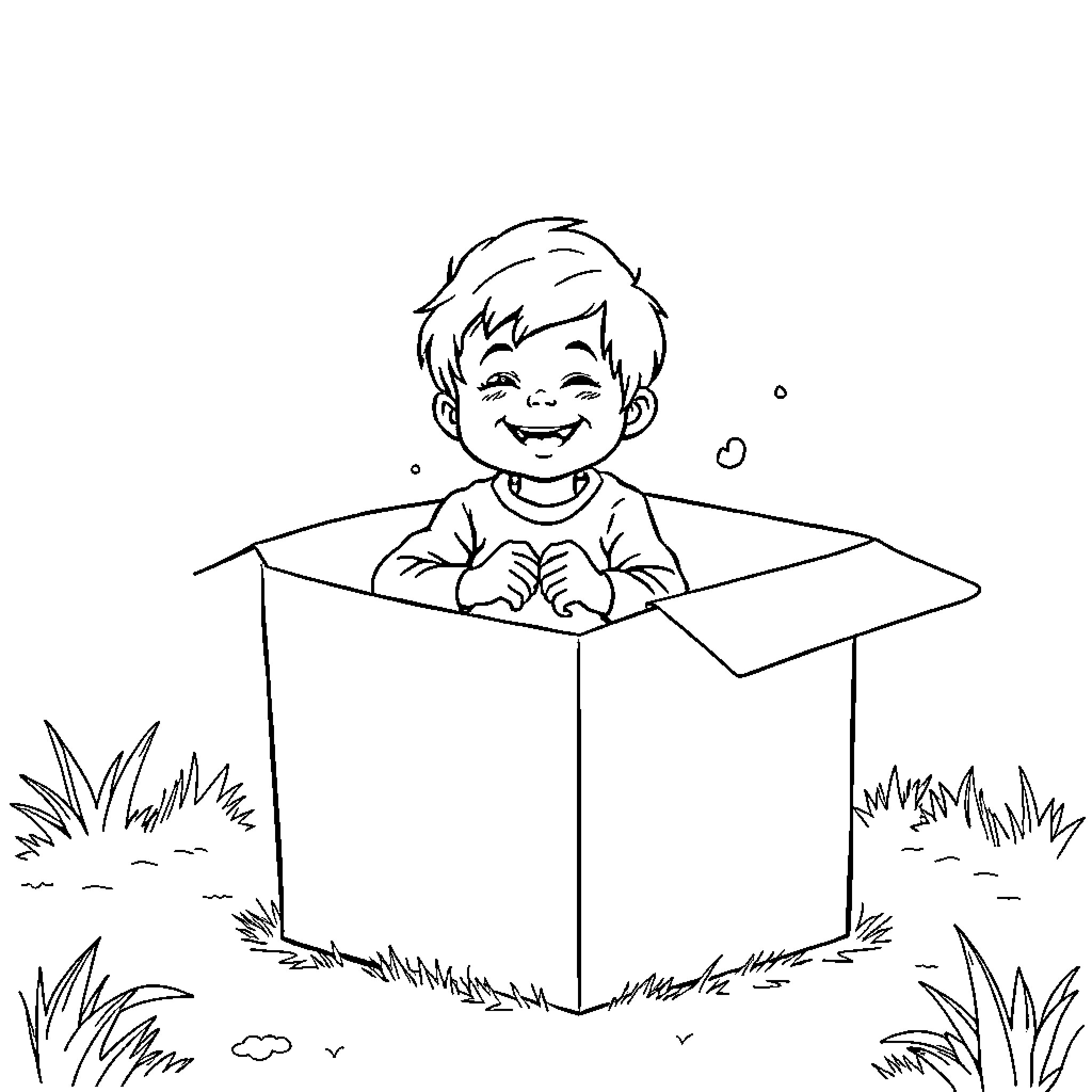 Child playing joyfully in a cardboard box Coloring Page (free black-and-white line drawing printable PDF for all, from beginners to advanced learners, including children, teens, adults, and seniors)