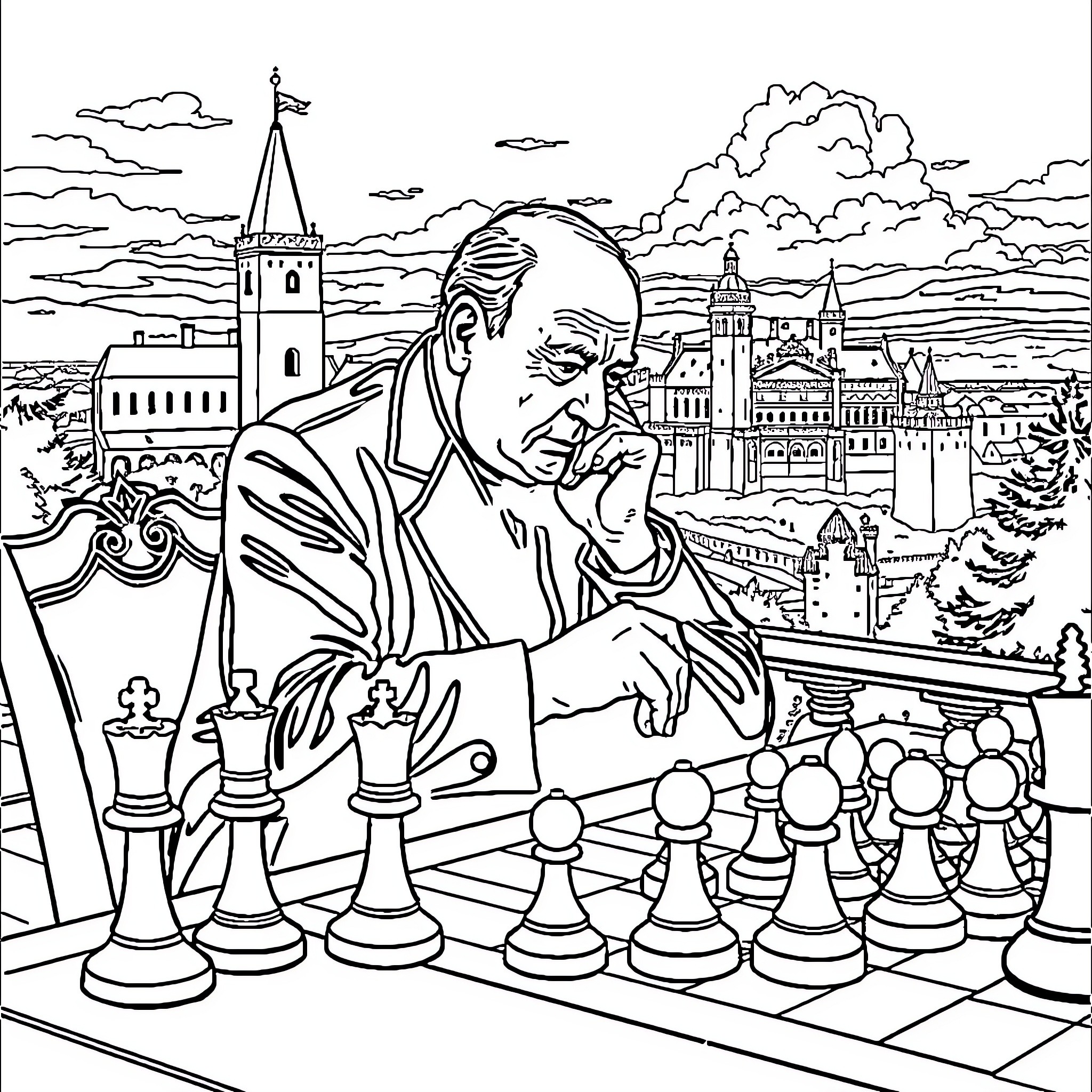 Churchill playing chess with a city skyline backdrop Coloring Page (free black-and-white line drawing printable PDF for all, from beginners to advanced learners, including children, teens, adults, and seniors)