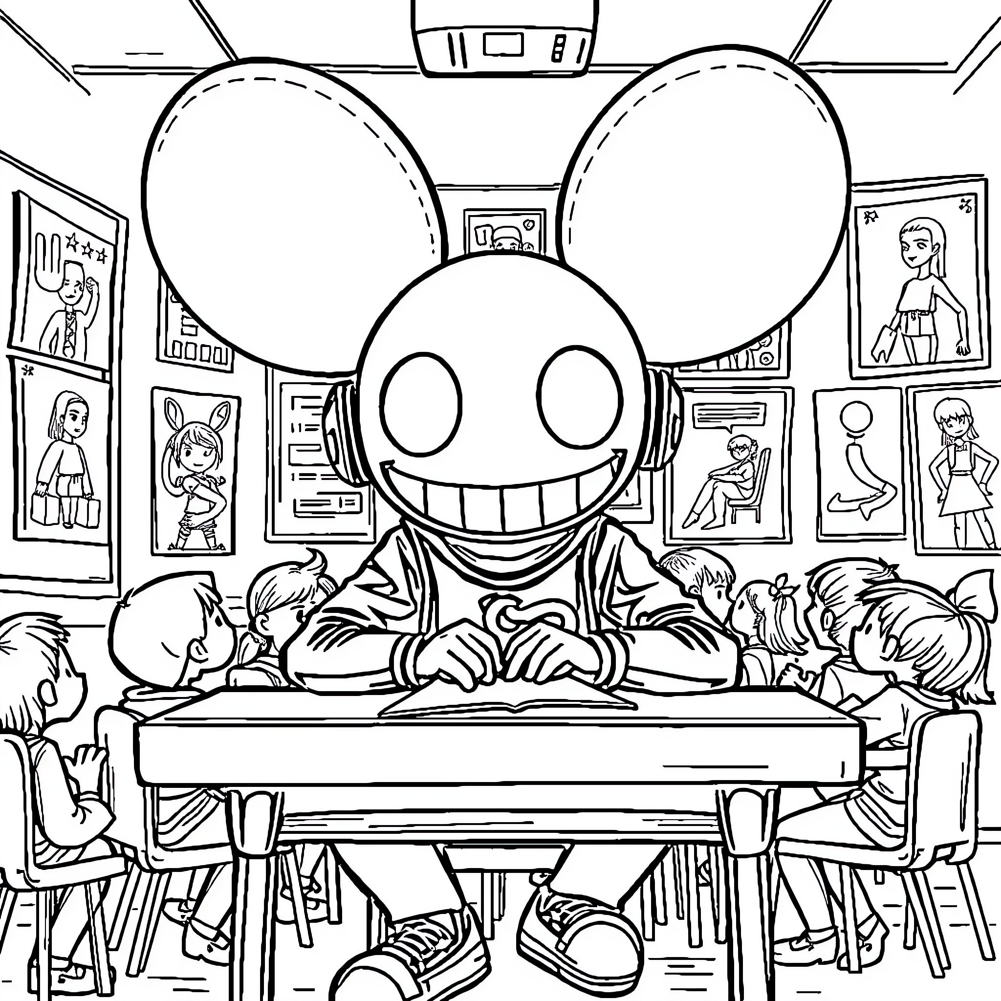 Deadmau5 interacting with a group of people in a classroom setting Coloring Page (free black-and-white line drawing printable PDF for all, from beginners to advanced learners, including children, teens, adults, and seniors)