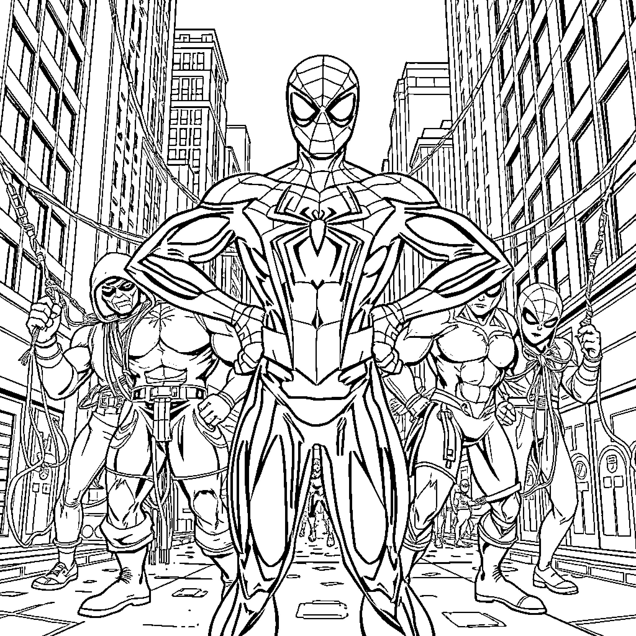 Spiderman heroically standing among superhero allies in the city Coloring Page (free black-and-white line drawing printable PDF for all, from beginners to advanced learners, including children, teens, adults, and seniors)