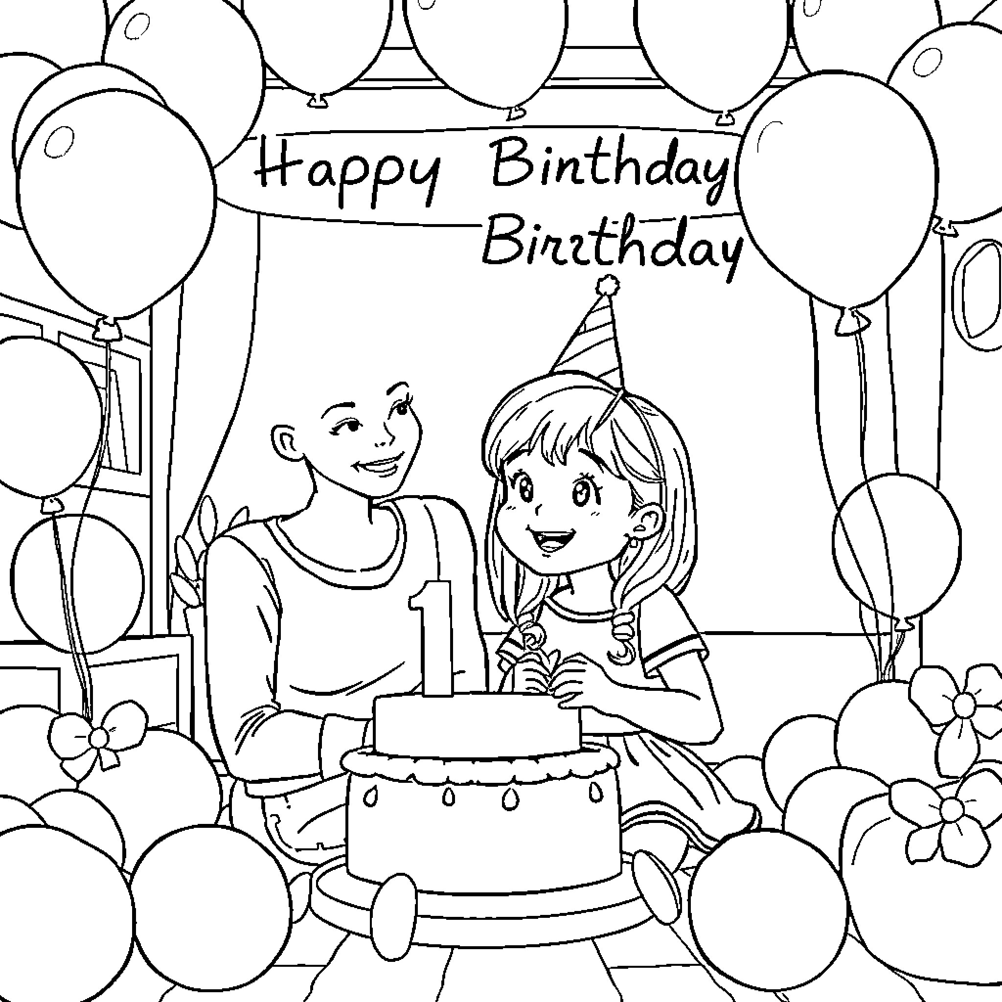 Miss Rachel's Birthday Celebration with Balloons and Cake Coloring Page (free black-and-white line drawing printable PDF for all, from beginners to advanced learners, including children, teens, adults, and seniors)