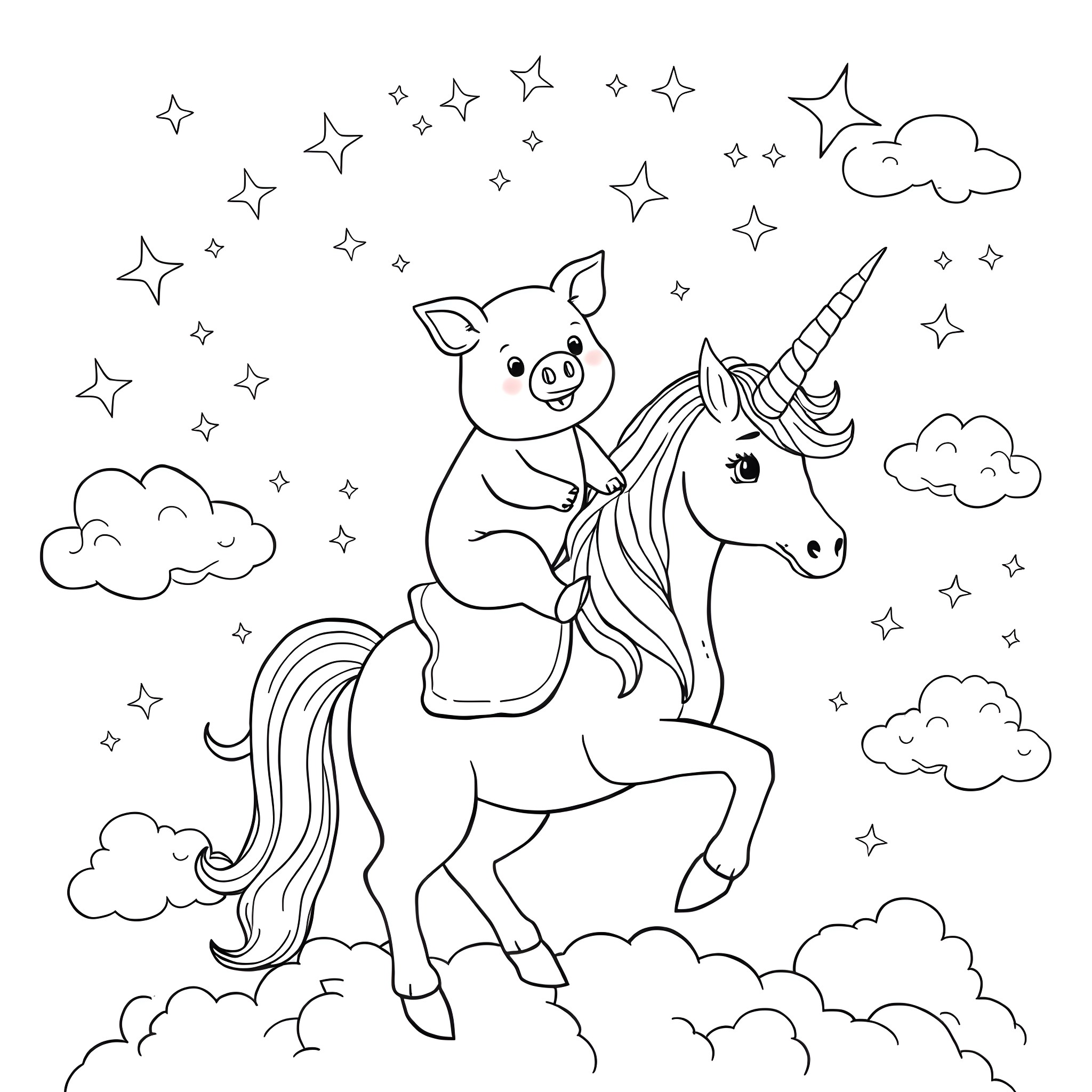 Pig riding a unicorn in the starry sky Coloring Page (free black-and-white line drawing printable PDF for all, from beginners to advanced learners, including children, teens, adults, and seniors)