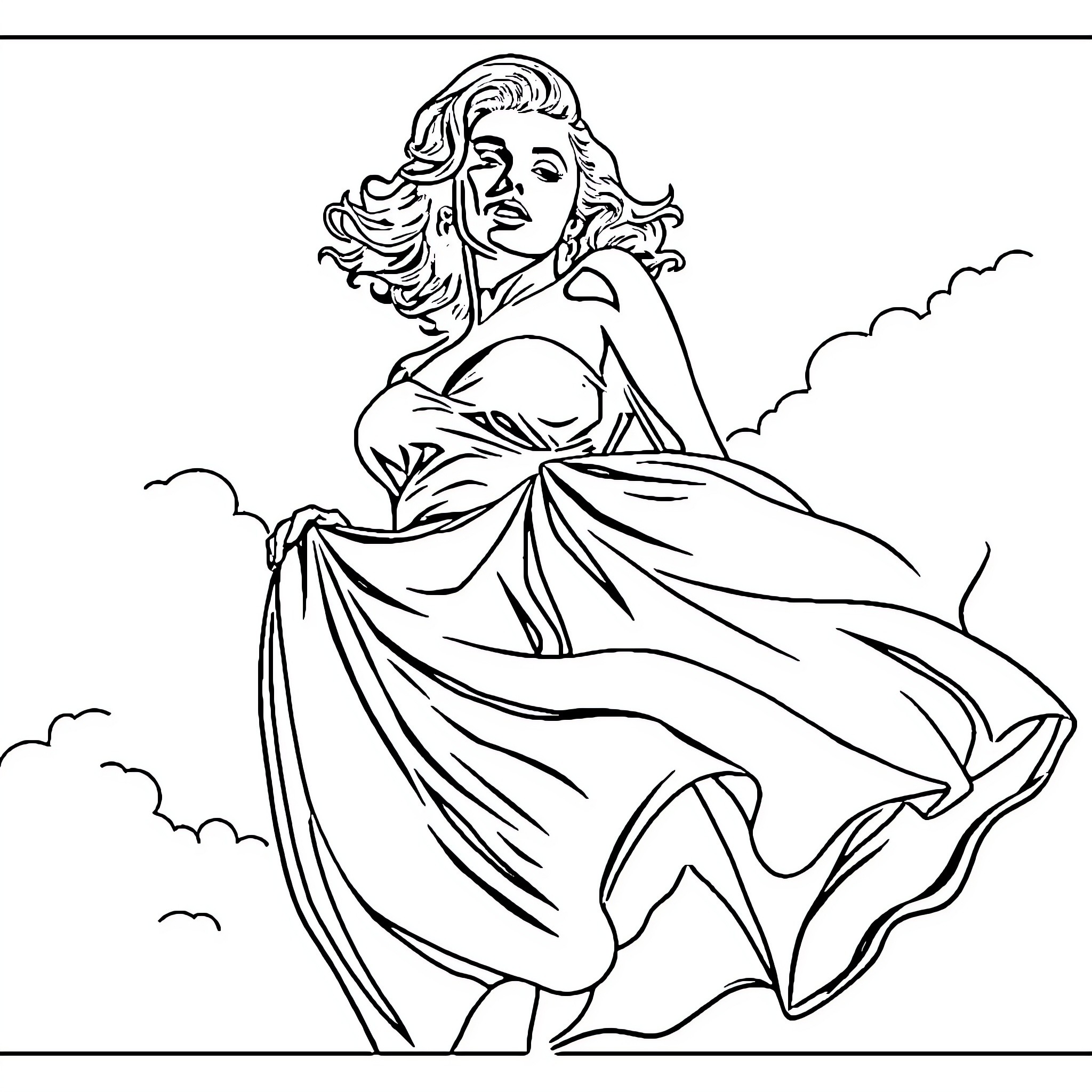 Marilyn Monroe in Flowing Dress Coloring Page (free black-and-white line drawing printable PDF for all, from beginners to advanced learners, including children, teens, adults, and seniors)