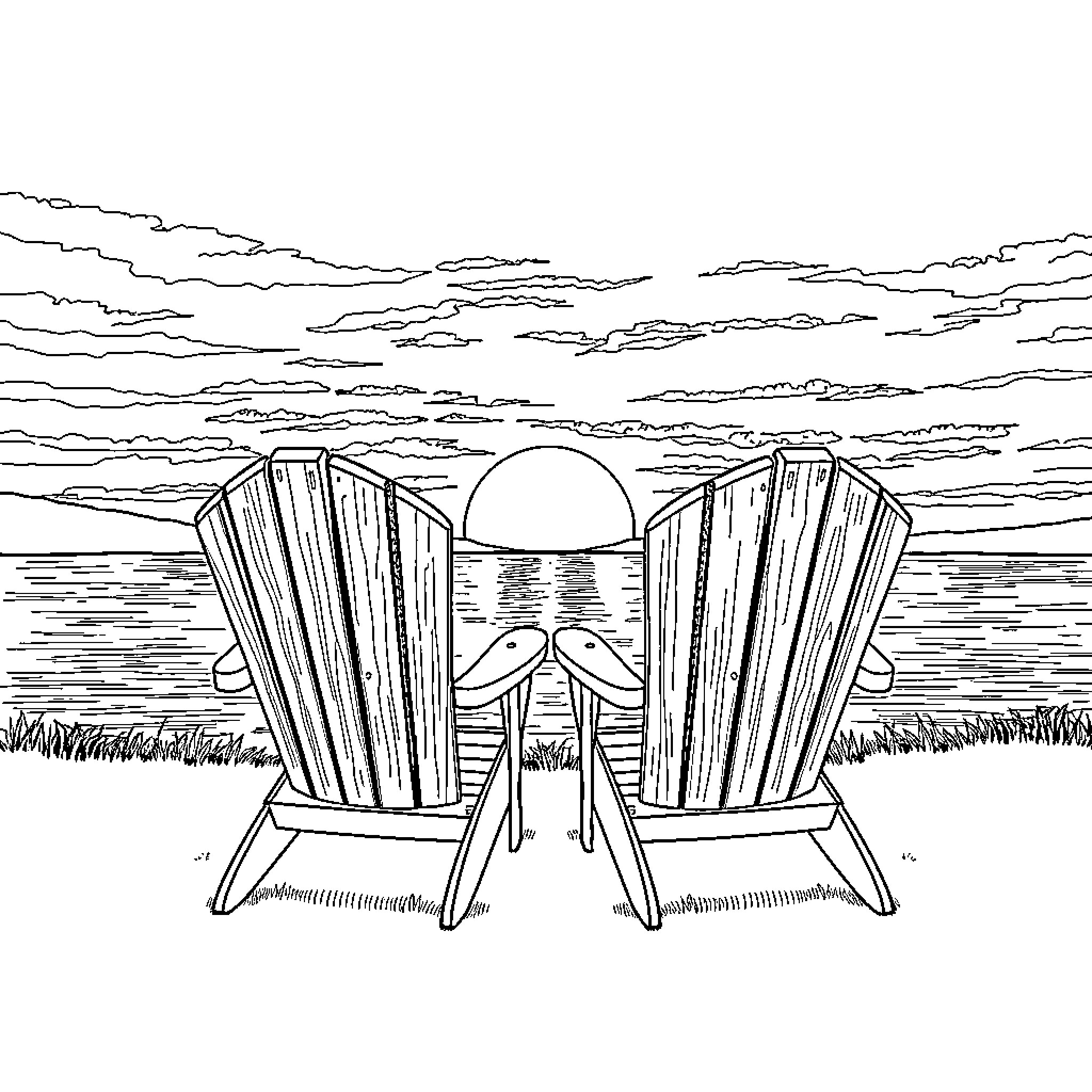Muskoka Chairs Overlooking Sunset Seascape Coloring Page (free black-and-white line drawing printable PDF for all, from beginners to advanced learners, including children, teens, adults, and seniors)
