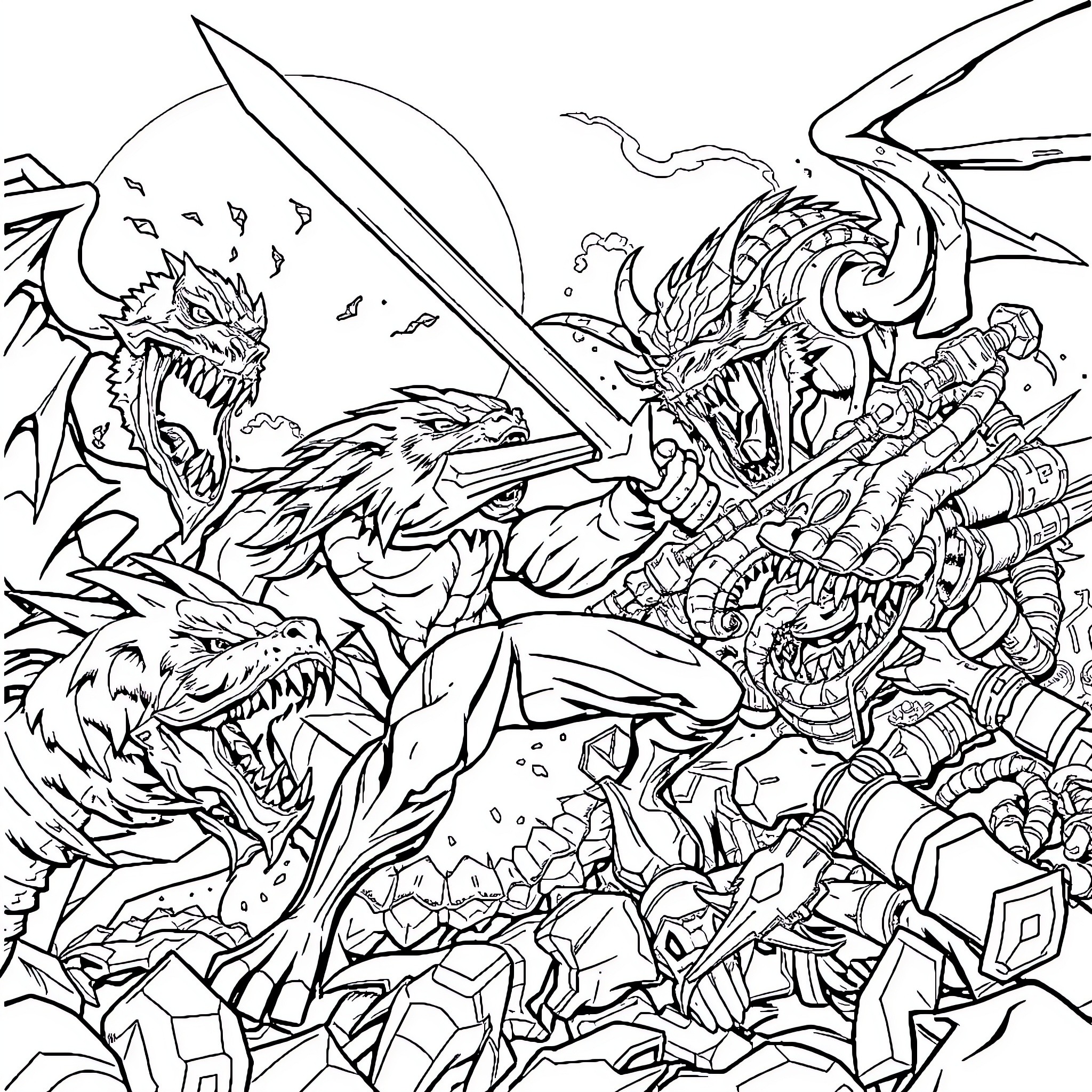Dogman battles fierce dragons in a fantasy realm Coloring Page (free black-and-white line drawing printable PDF for all, from beginners to advanced learners, including children, teens, adults, and seniors)