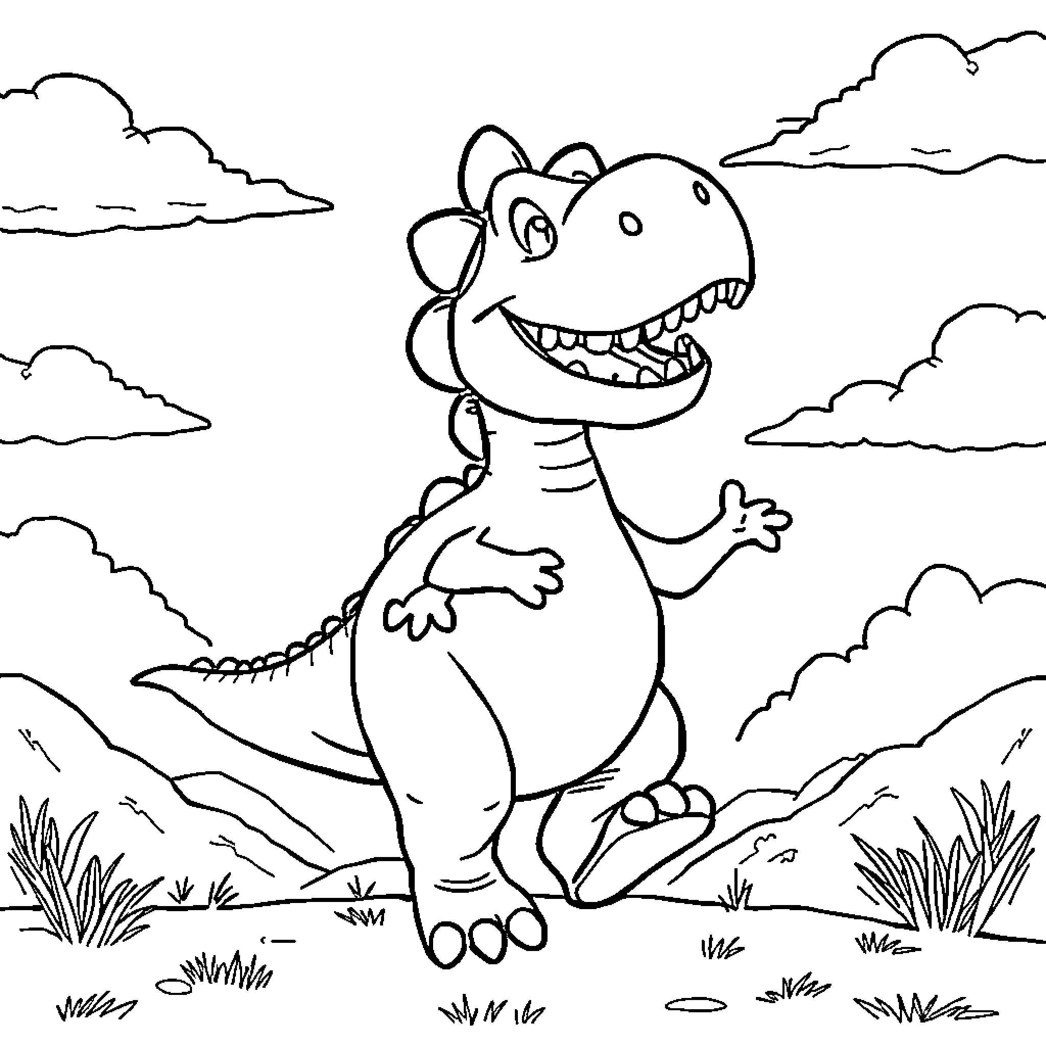 Dinosaur roaring happily in the wild landscape Coloring Page (free black-and-white line drawing printable PDF for all, from beginners to advanced learners, including children, teens, adults, and seniors)